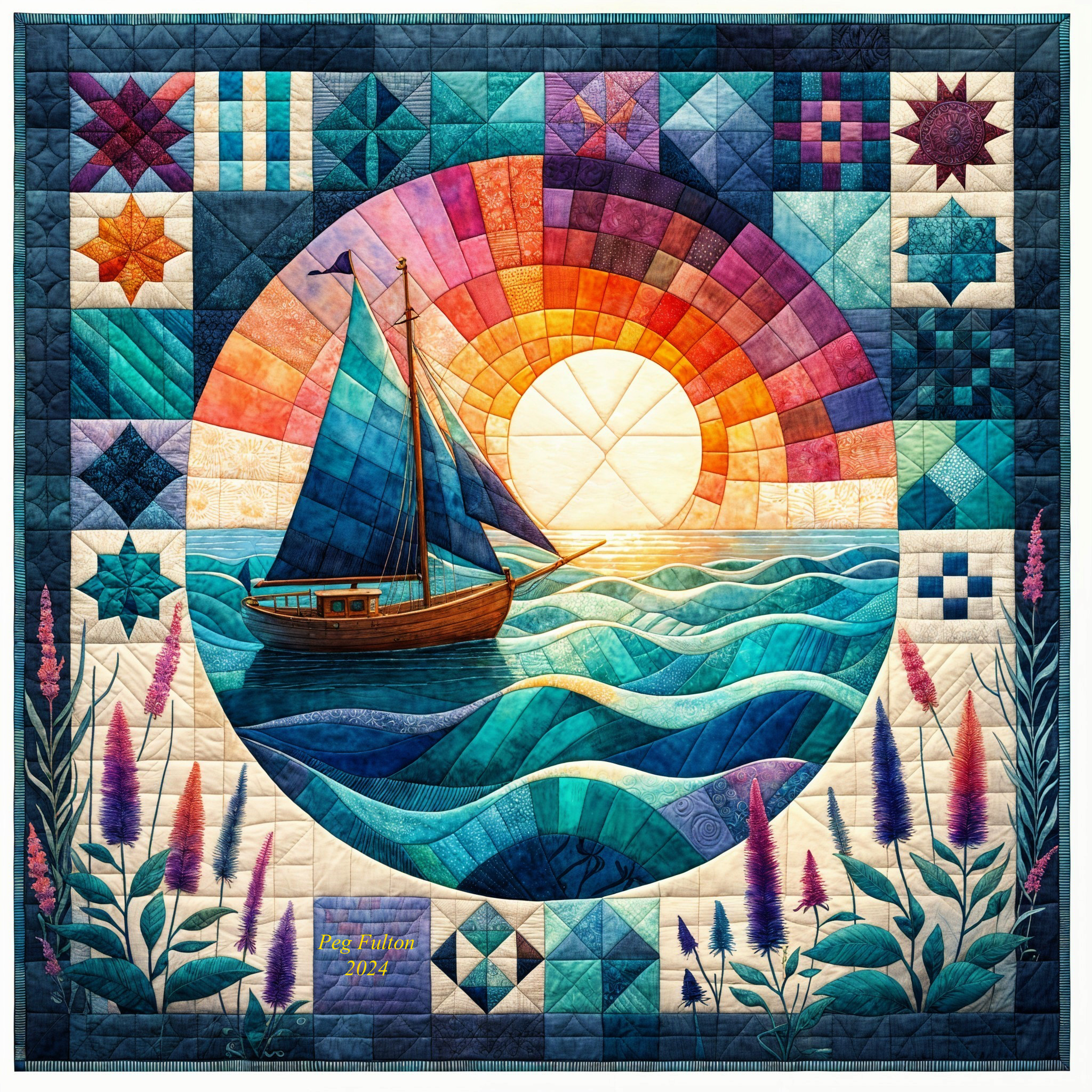 Vibrant Quilt Design with Sailboat and Sun Elements