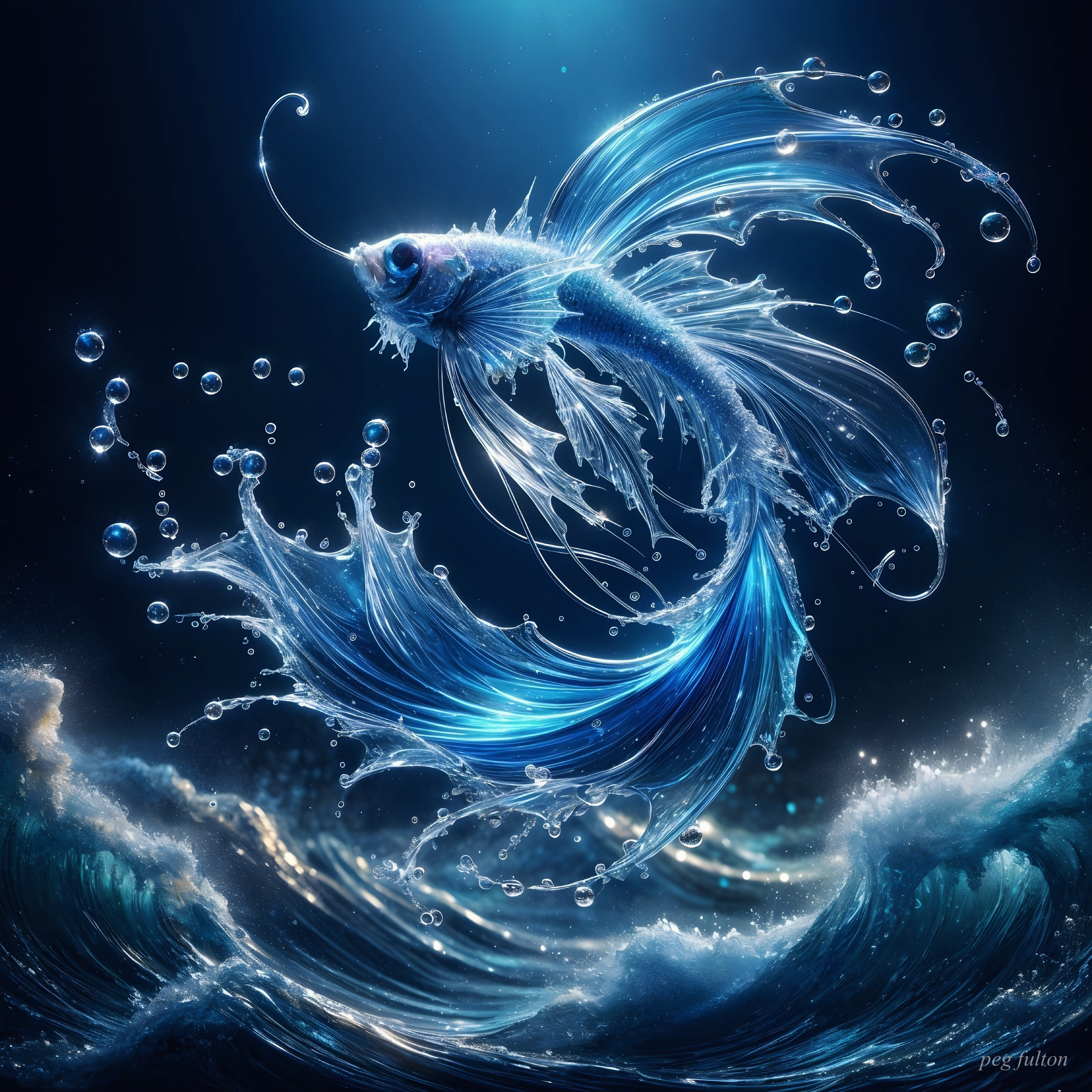 Ethereal fish leaping through shimmering ocean waves