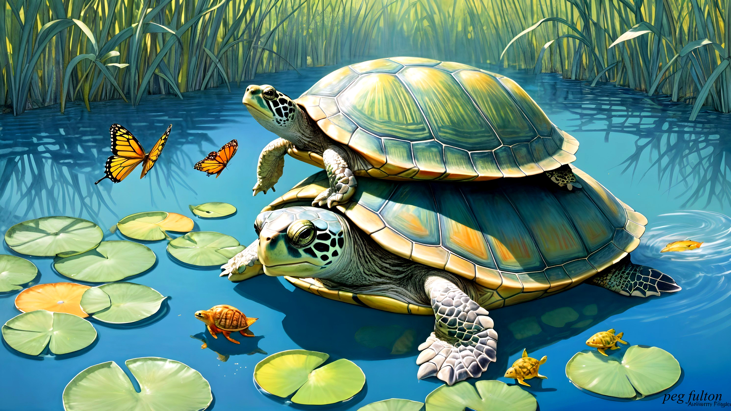 Turtles on a Lily Pad in a Serene Pond Setting