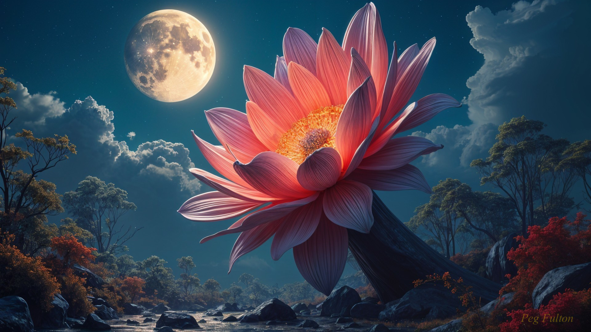 Vibrant Pink Lotus Flower in Moonlit Landscape
