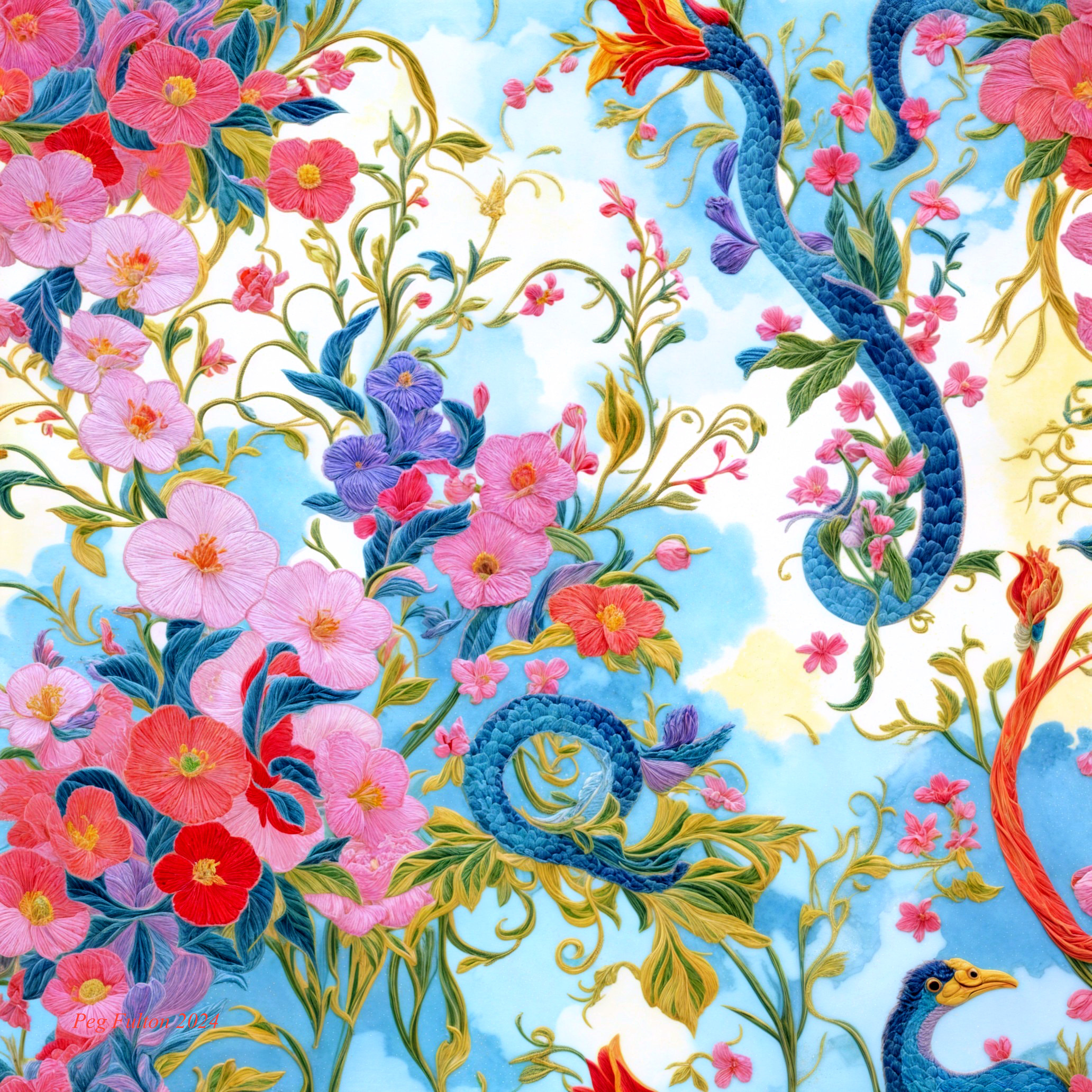 Colorful Floral Tapestry with Peacock Patterns