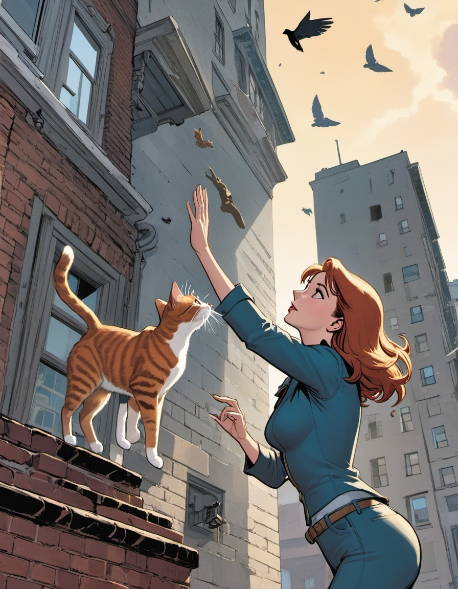 Woman in blue outfit reaching for ginger cat on ledge