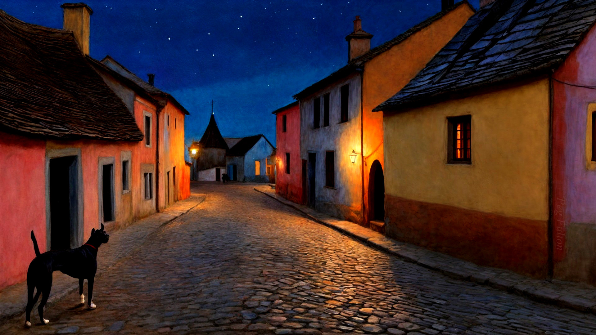 Serene Cobblestone Street Under Starlit Sky
