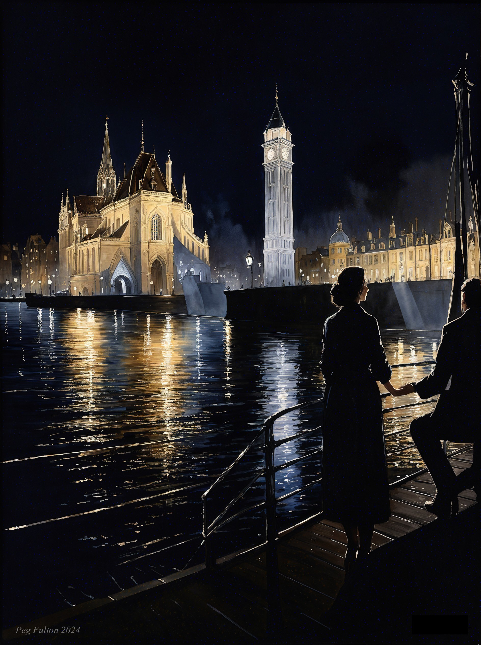 Couple by Waterfront with City Lights and Landmarks