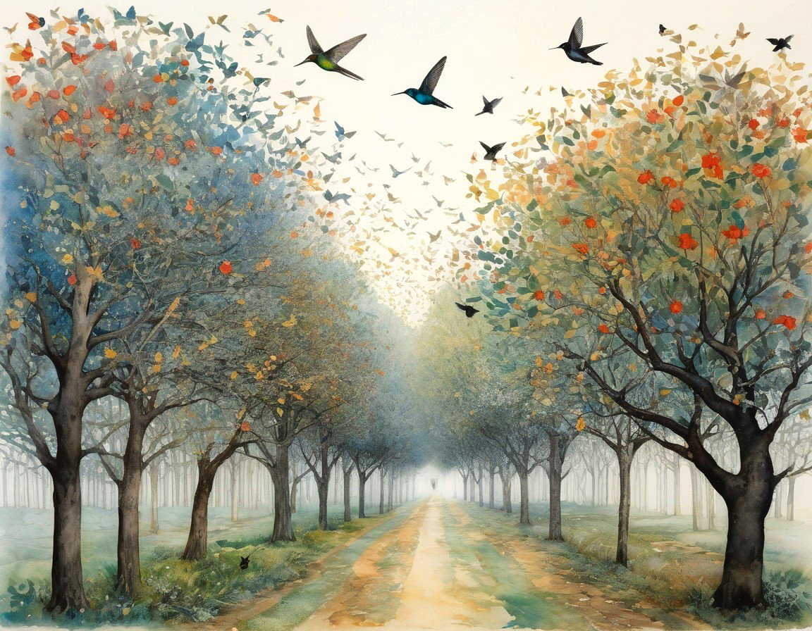 Tranquil painting of tree-lined pathway with colorful birds in misty distance