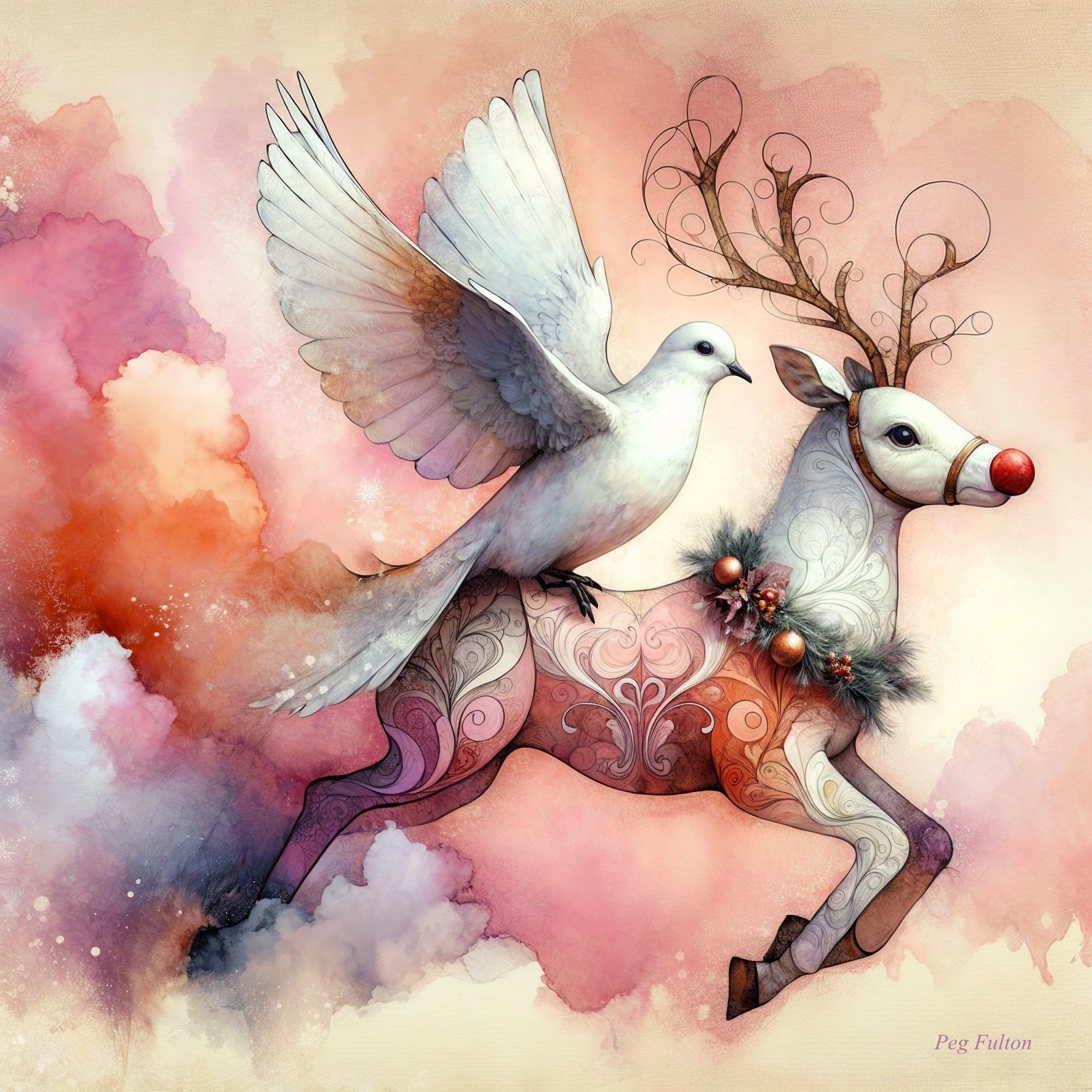 Vibrant Reindeer with Dove in Dreamlike Holiday Scene