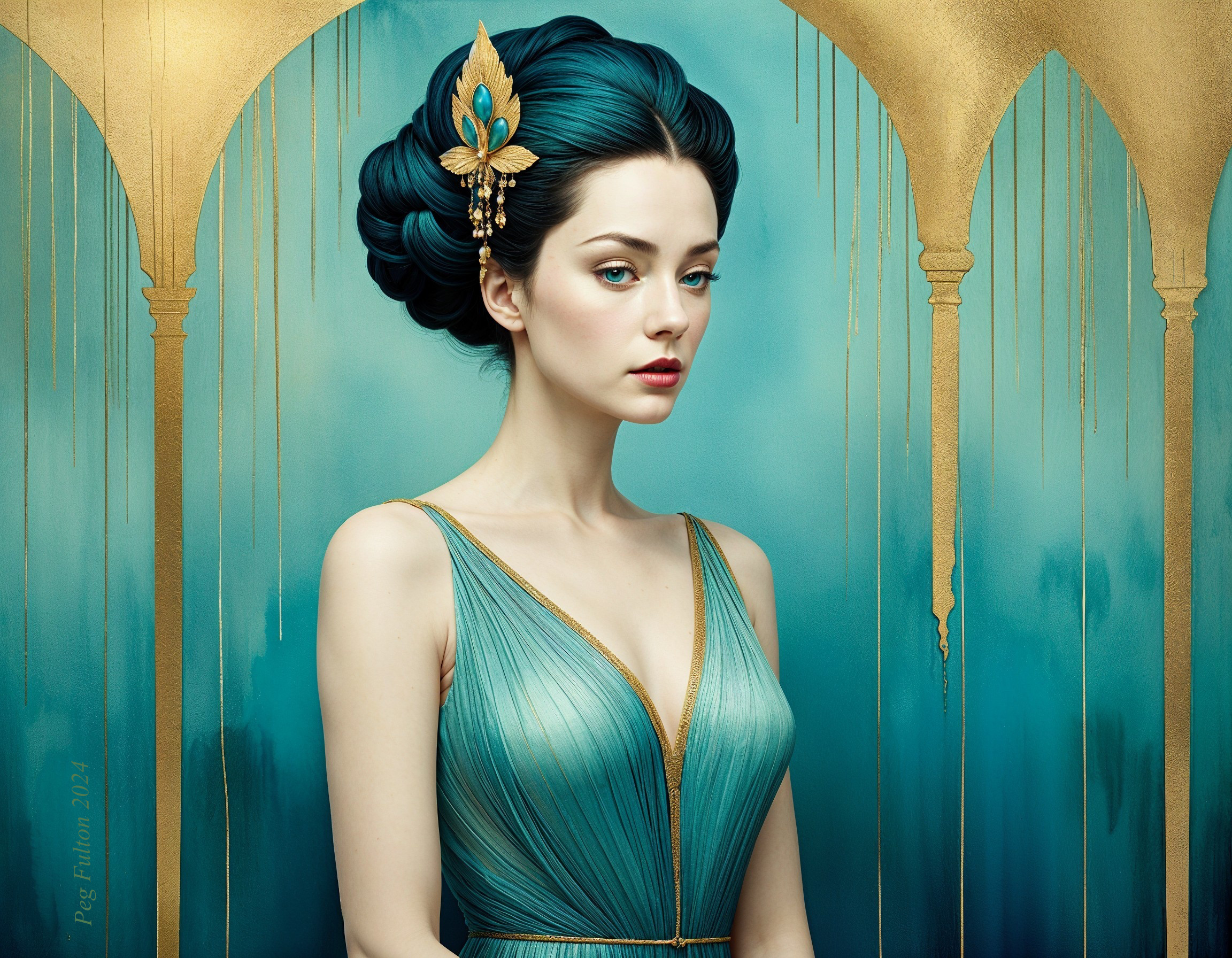 Elegant Portrait of Woman with Teal Hair and Dress