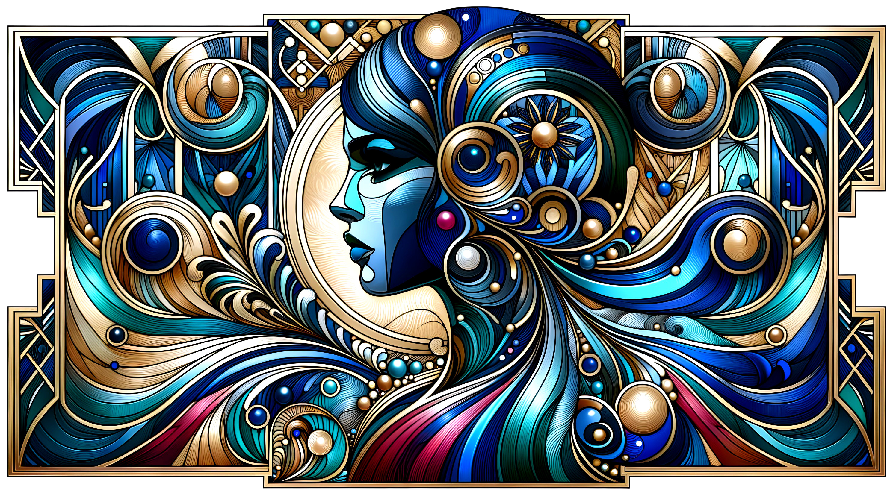 Stylized profile of a woman in blue and gold hues