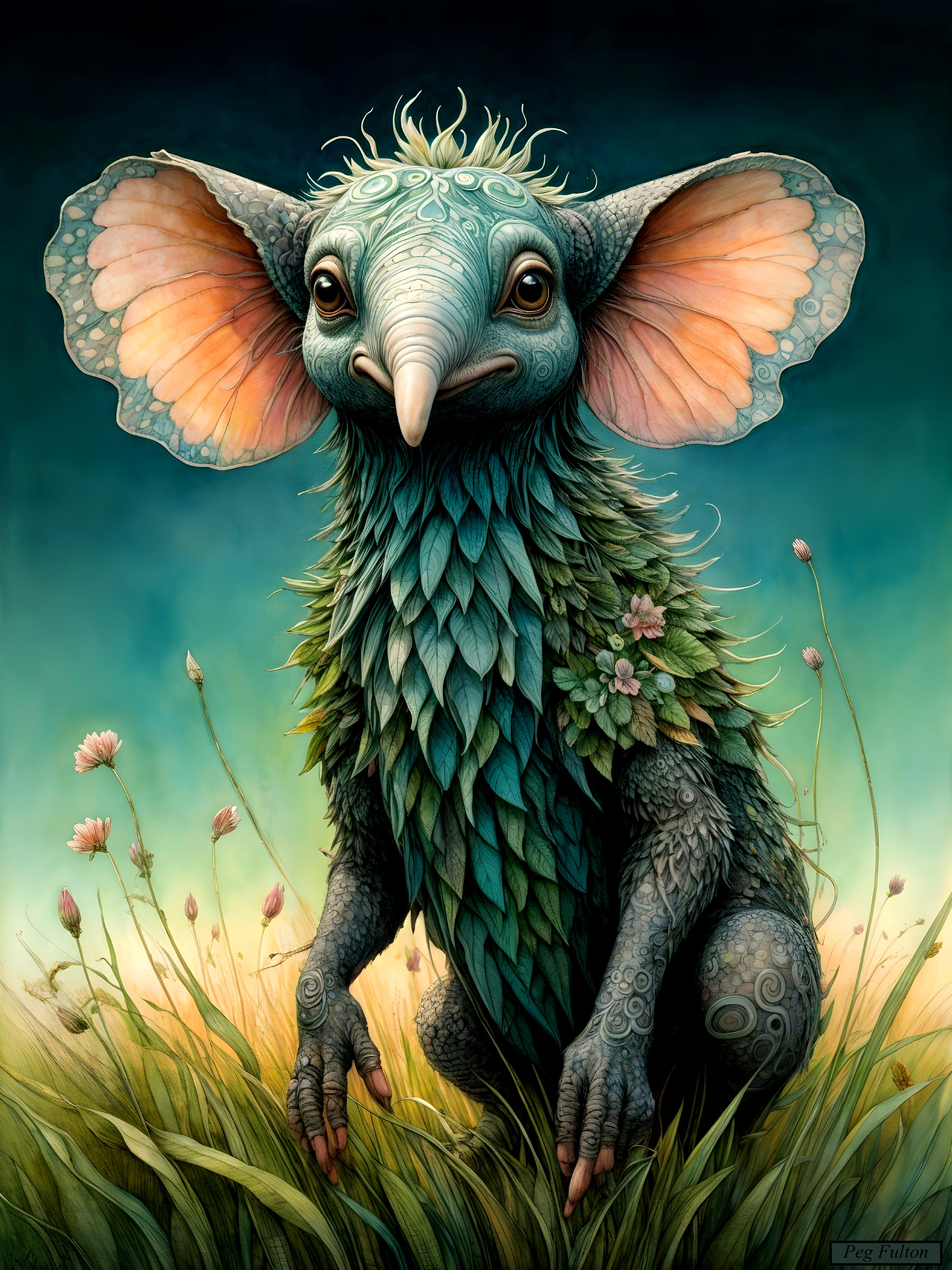 Whimsical Creature with Teal Feathers in Grassy Landscape