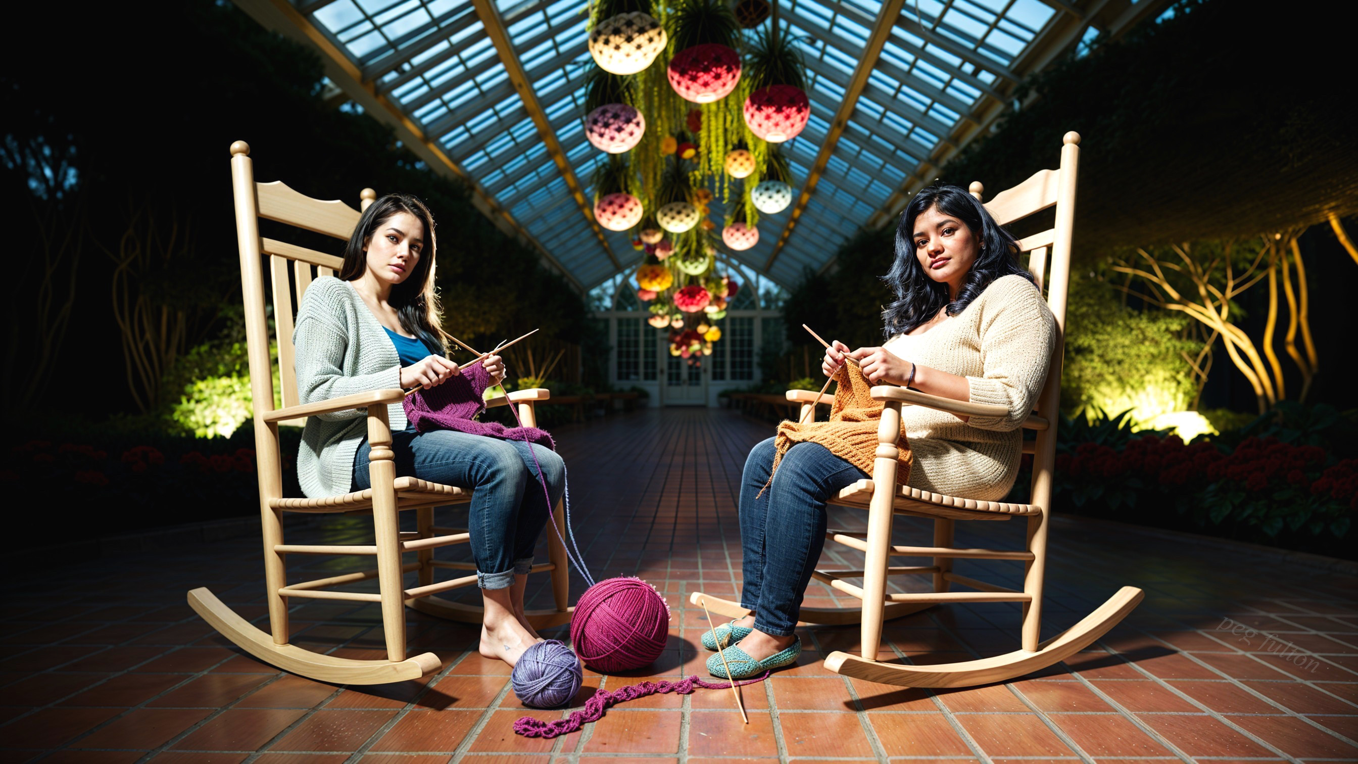 Women Knitting in a Brightly Lit Conservatory