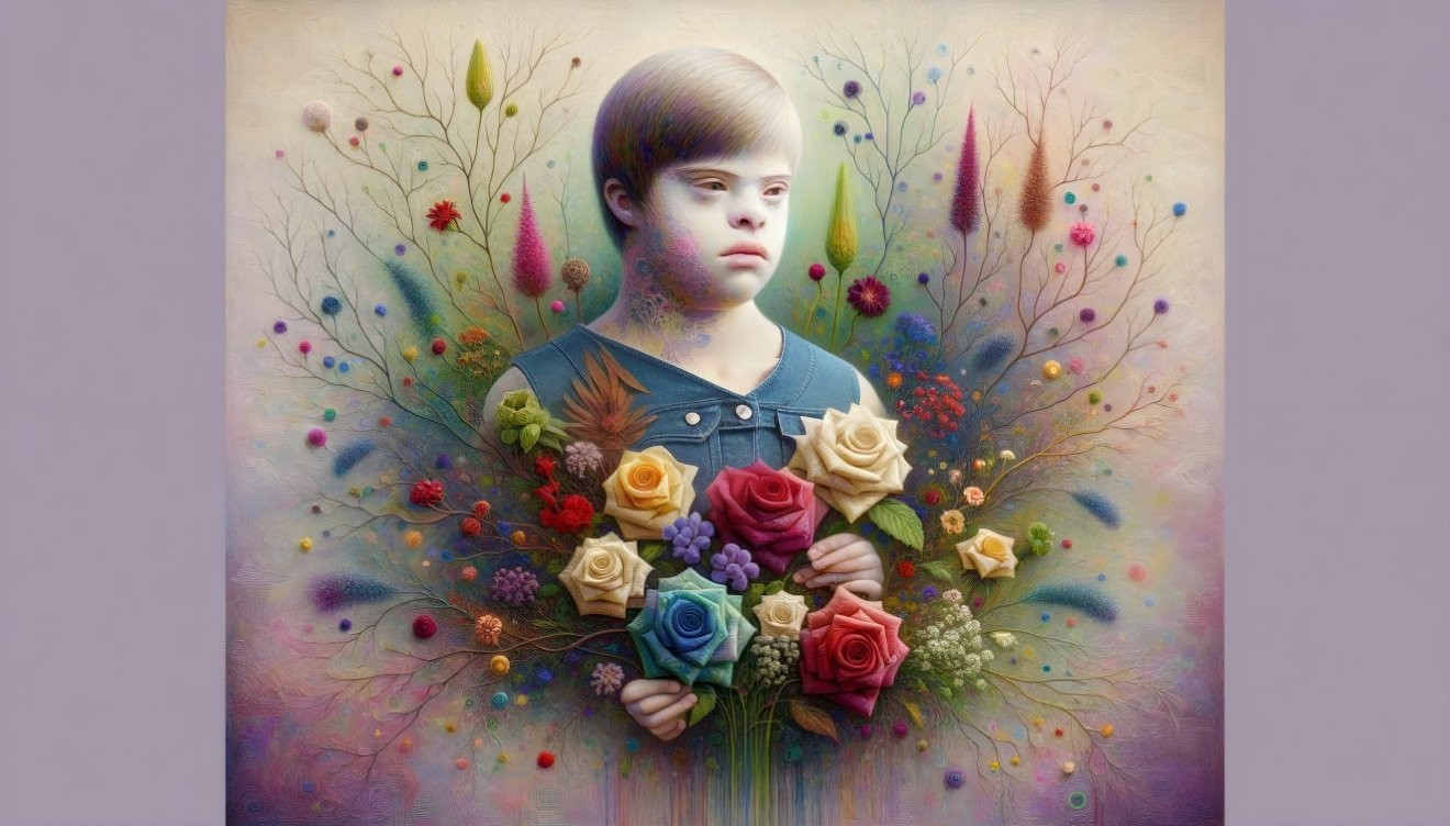 Young Person with Down Syndrome in Floral Setting