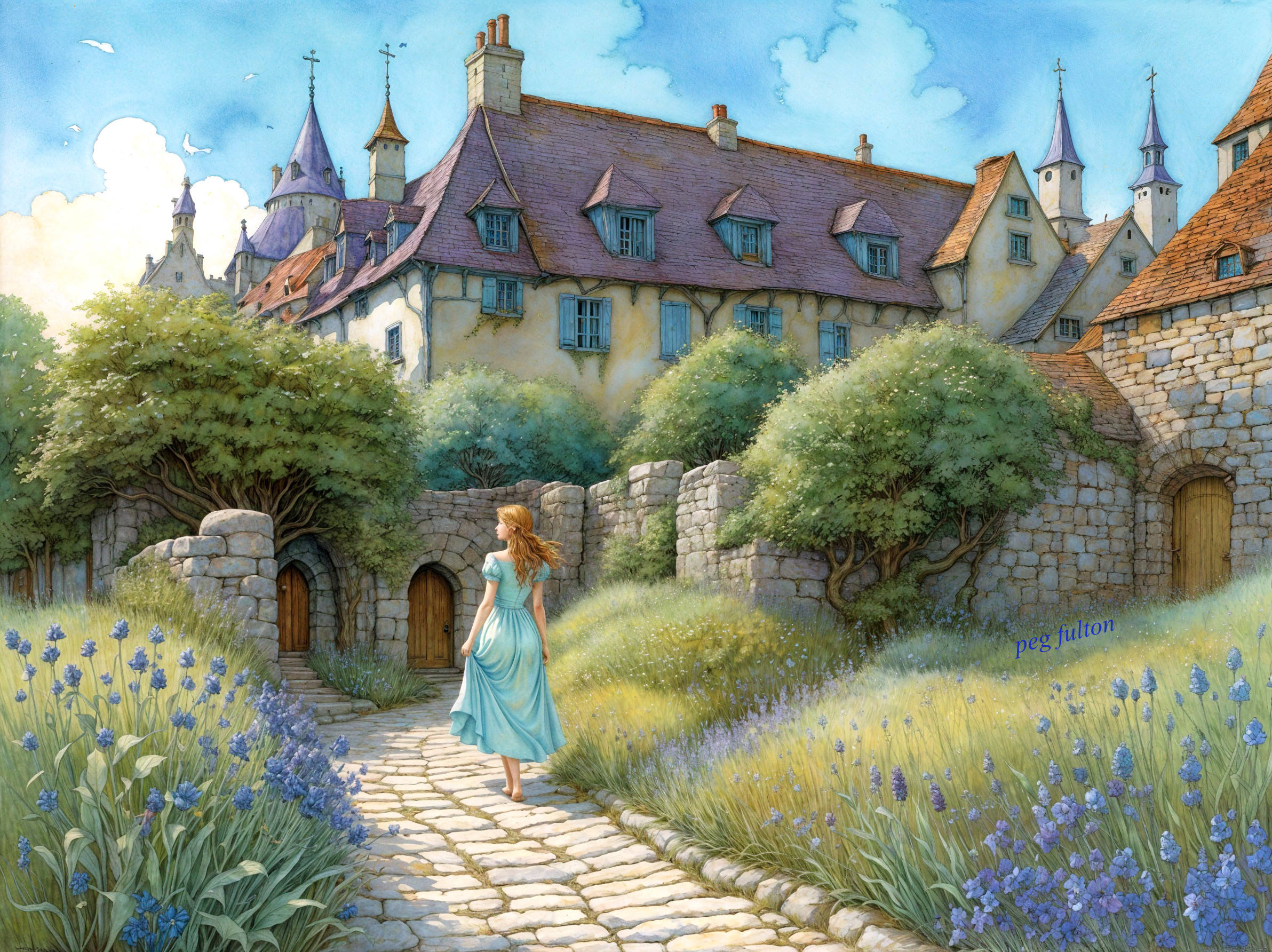 Serene Fantasy Scene with Young Woman in Blue Dress