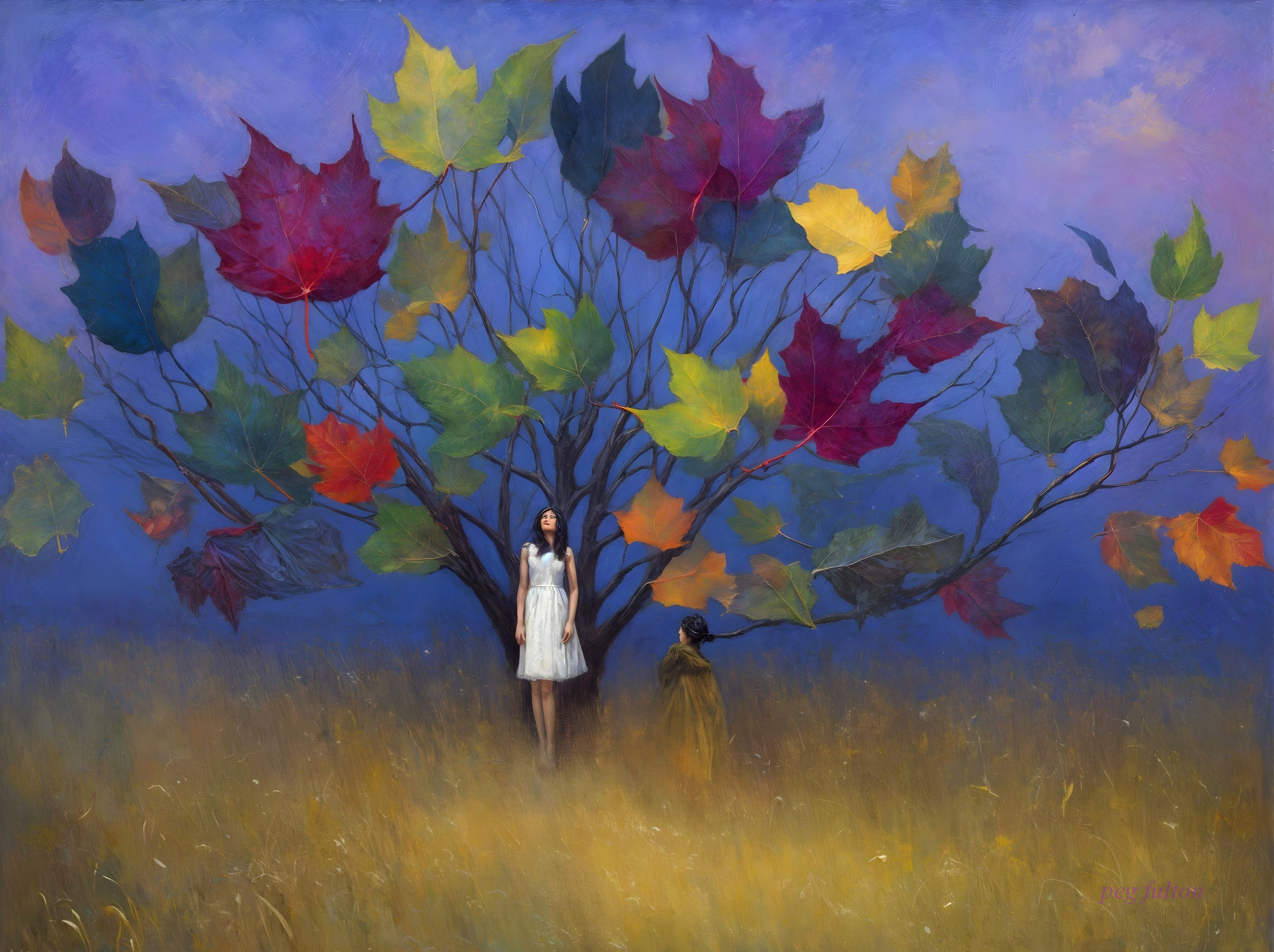 Whimsical Scene with Colorful Tree and Figures