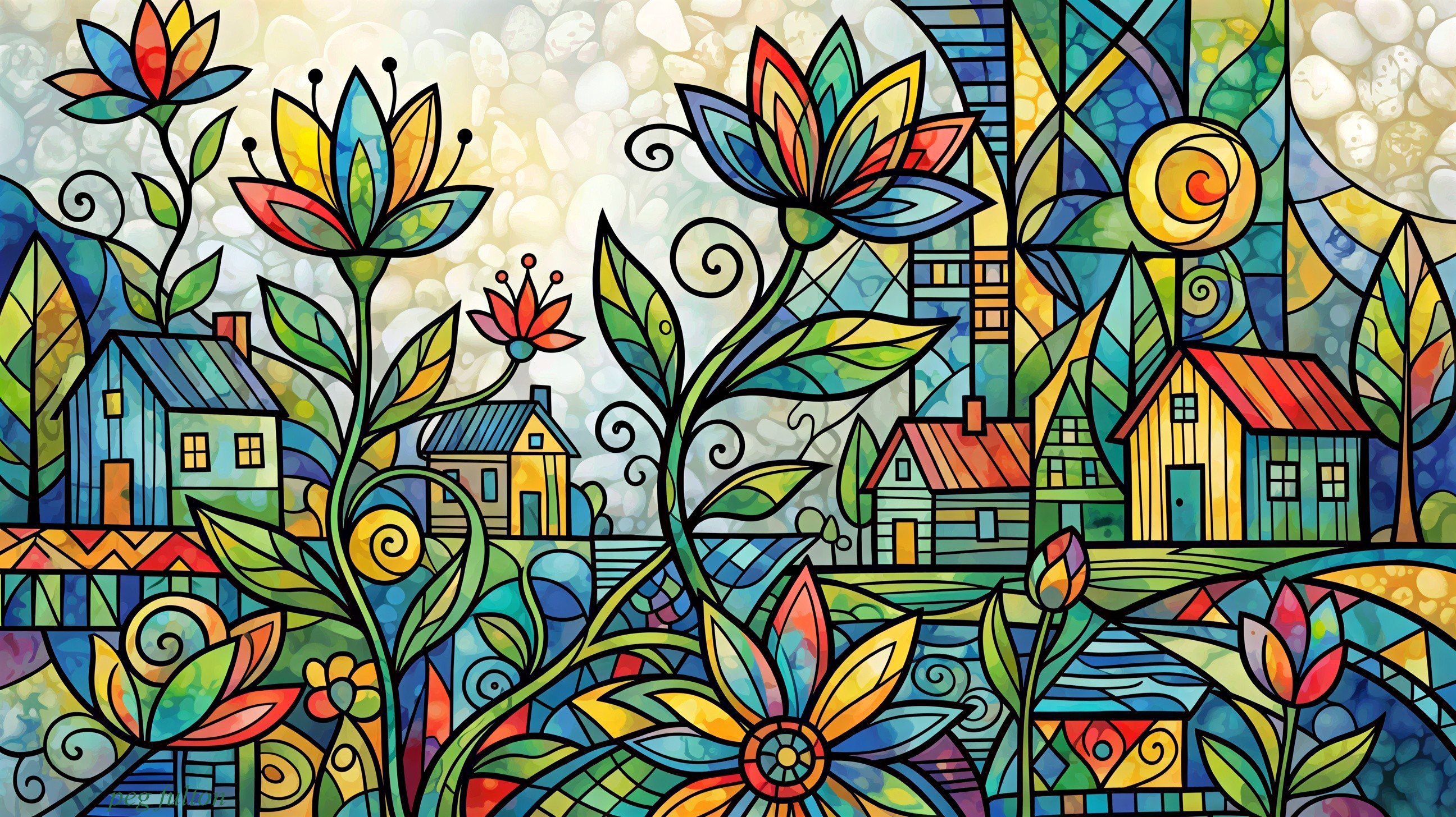 Vibrant Stained Glass Village Scene with Flowers and Houses