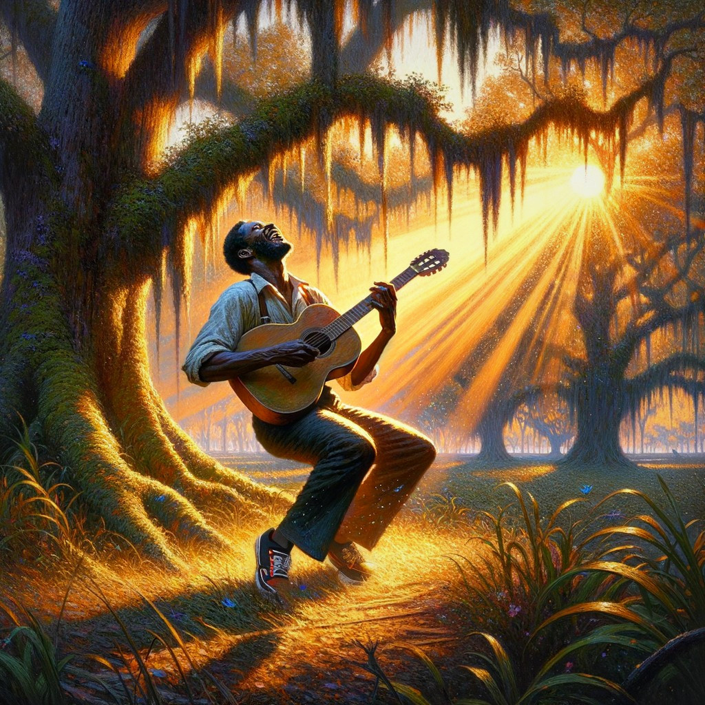 Guitar Playing in a Sunlit Forest with Spanish Moss