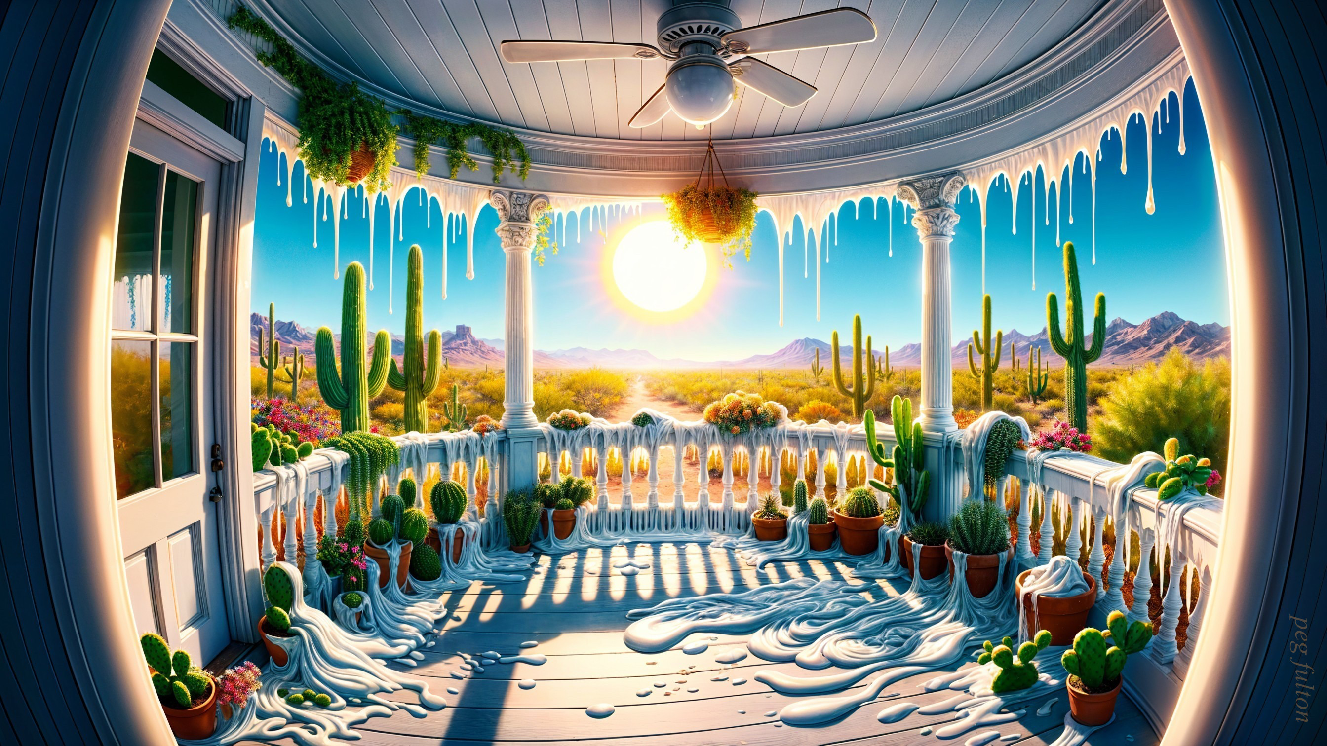Vibrant Balcony Scene with Glossy Textures and Cacti