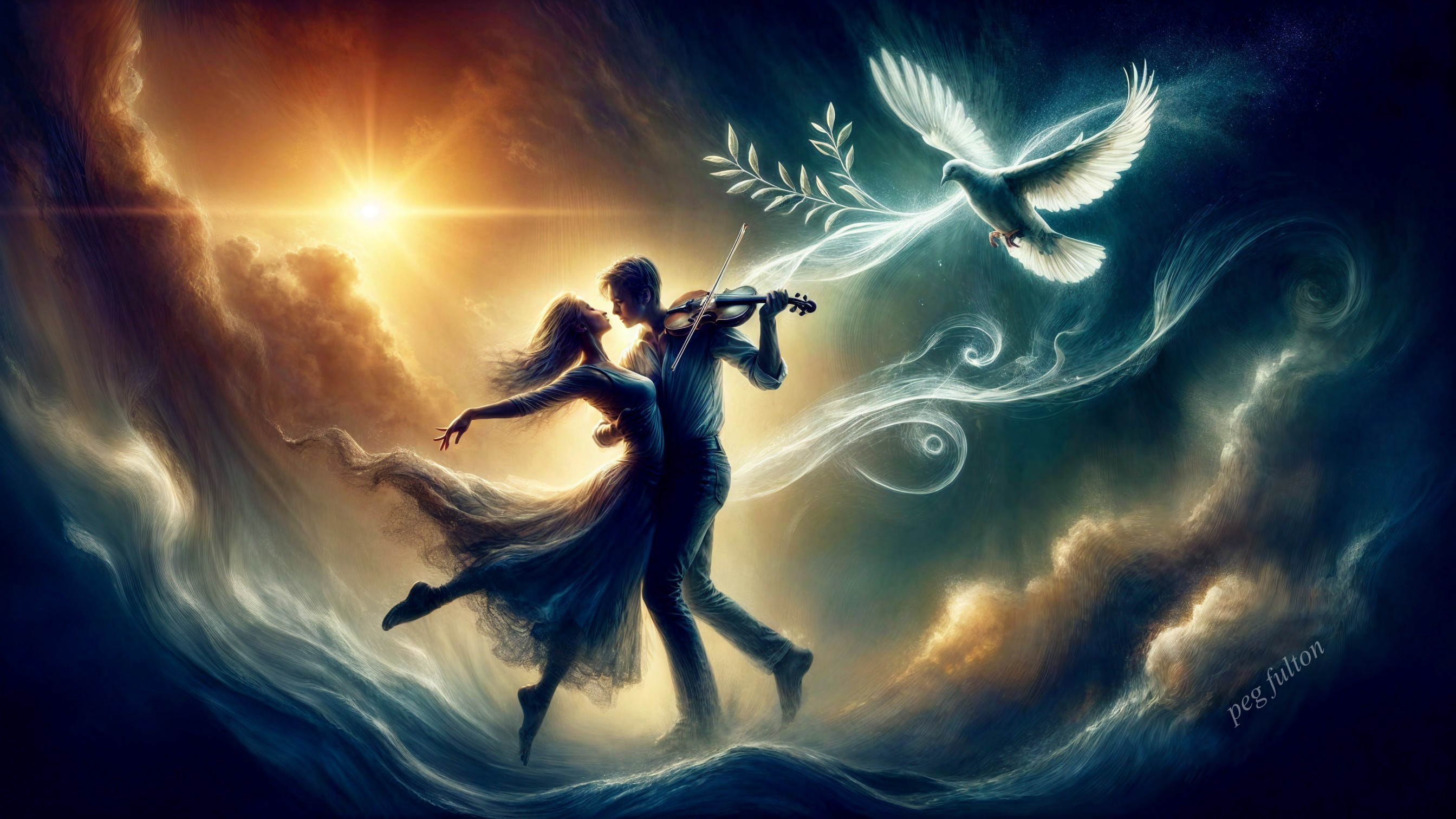 Couple Dancing in Clouds with Violin and Dove
