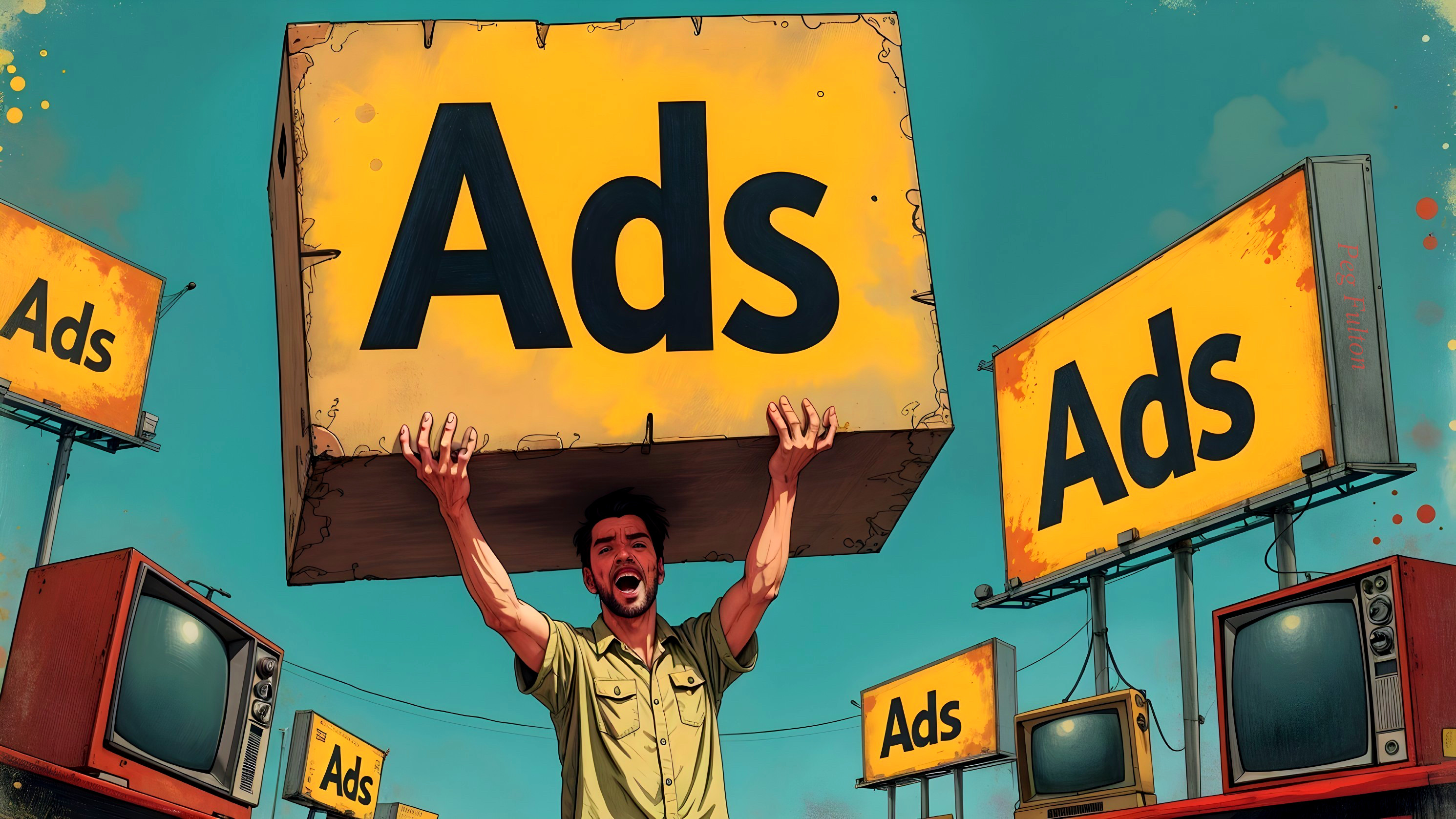 Man Lifts Yellow Box in Outdoor Advertising Scene