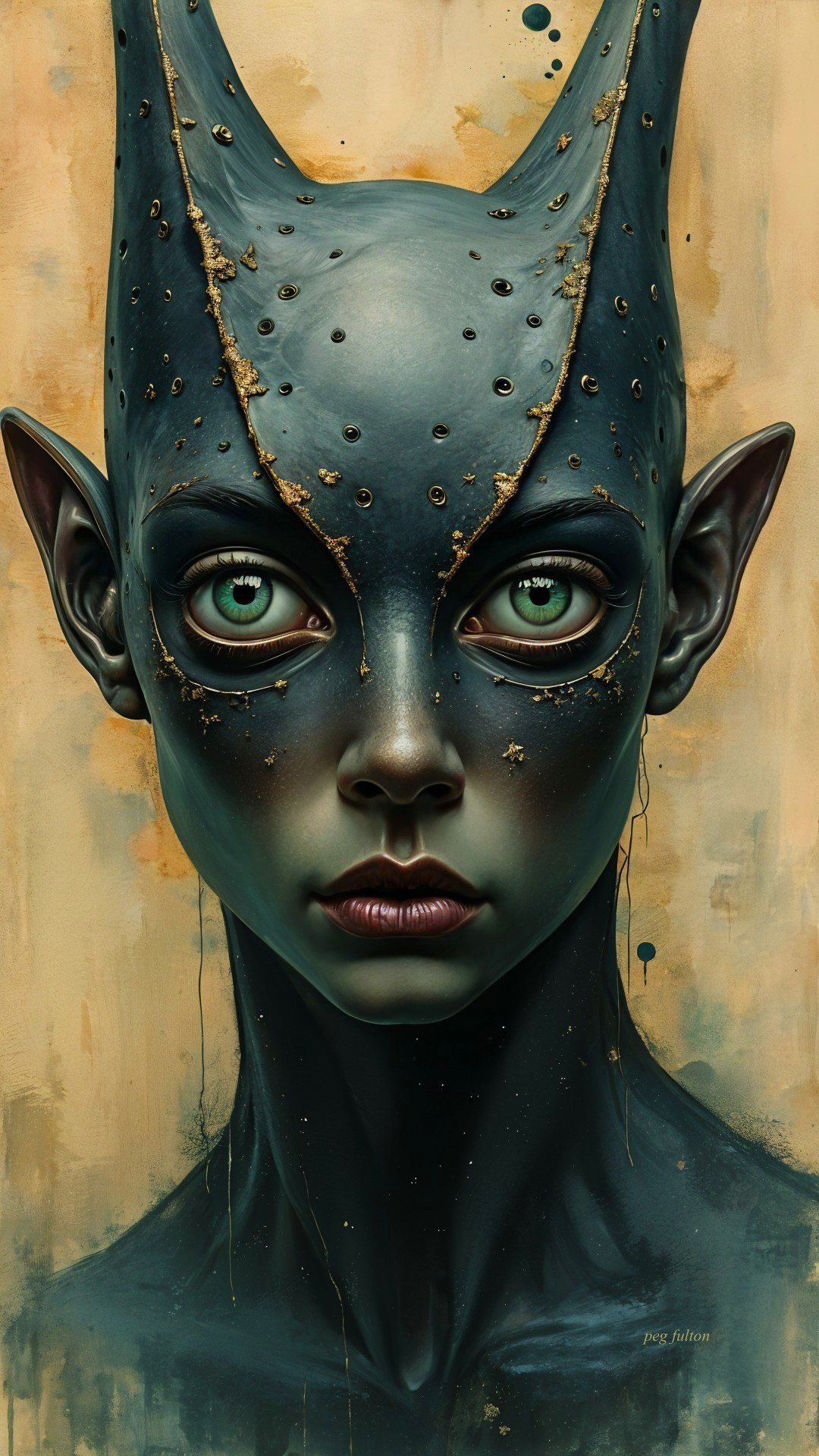 Surreal Portrait of an Alien Figure with Gold Accents