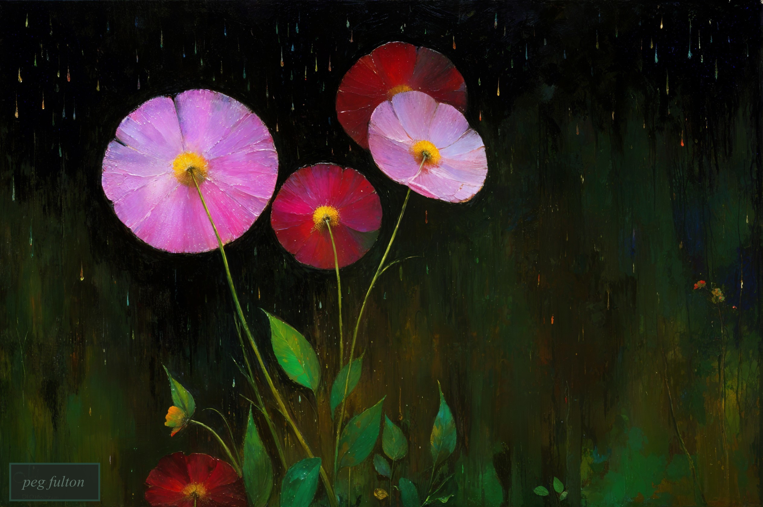 Vibrant Painting of Blooming Flowers on Dark Background