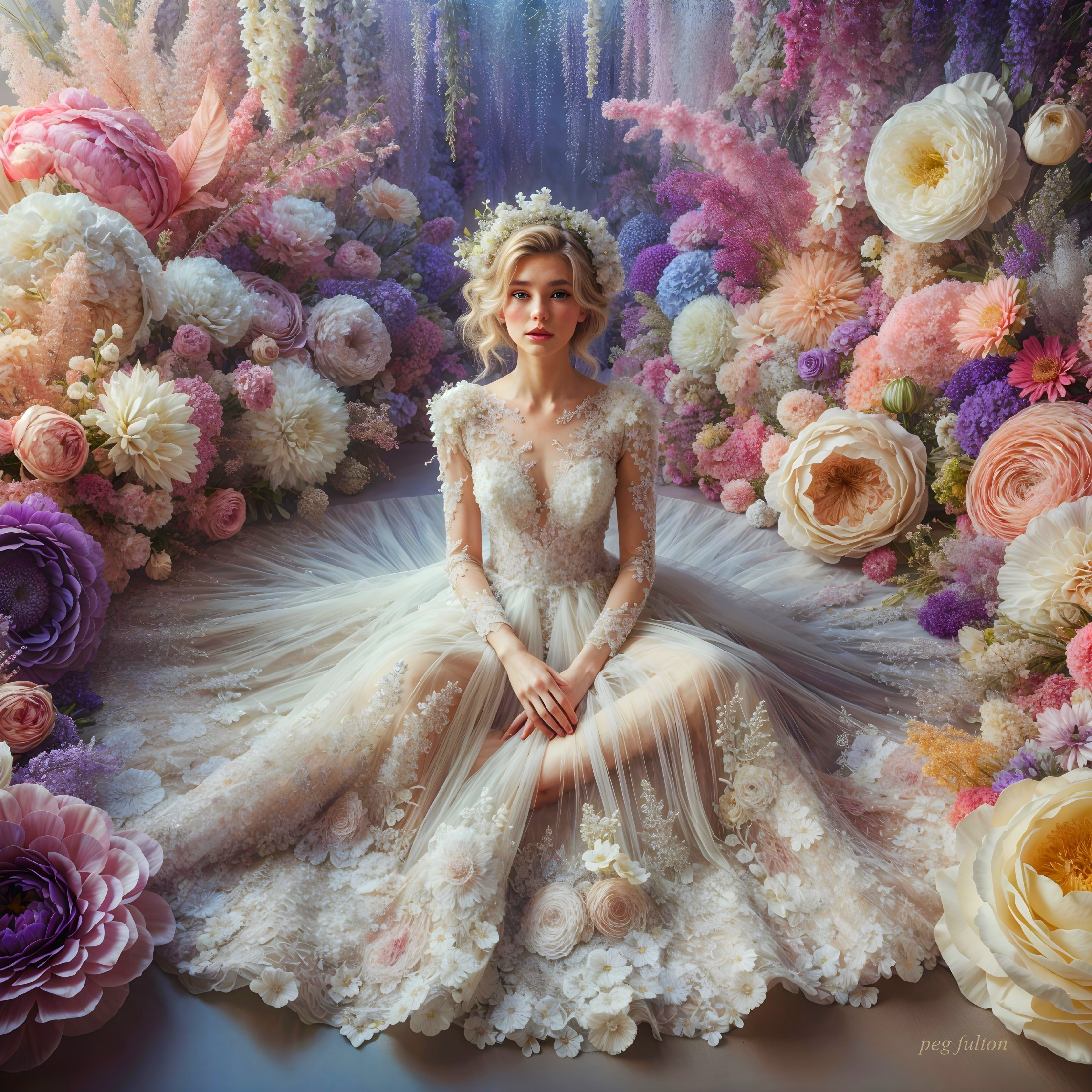 Bride in Lace Gown Surrounded by Vibrant Flowers