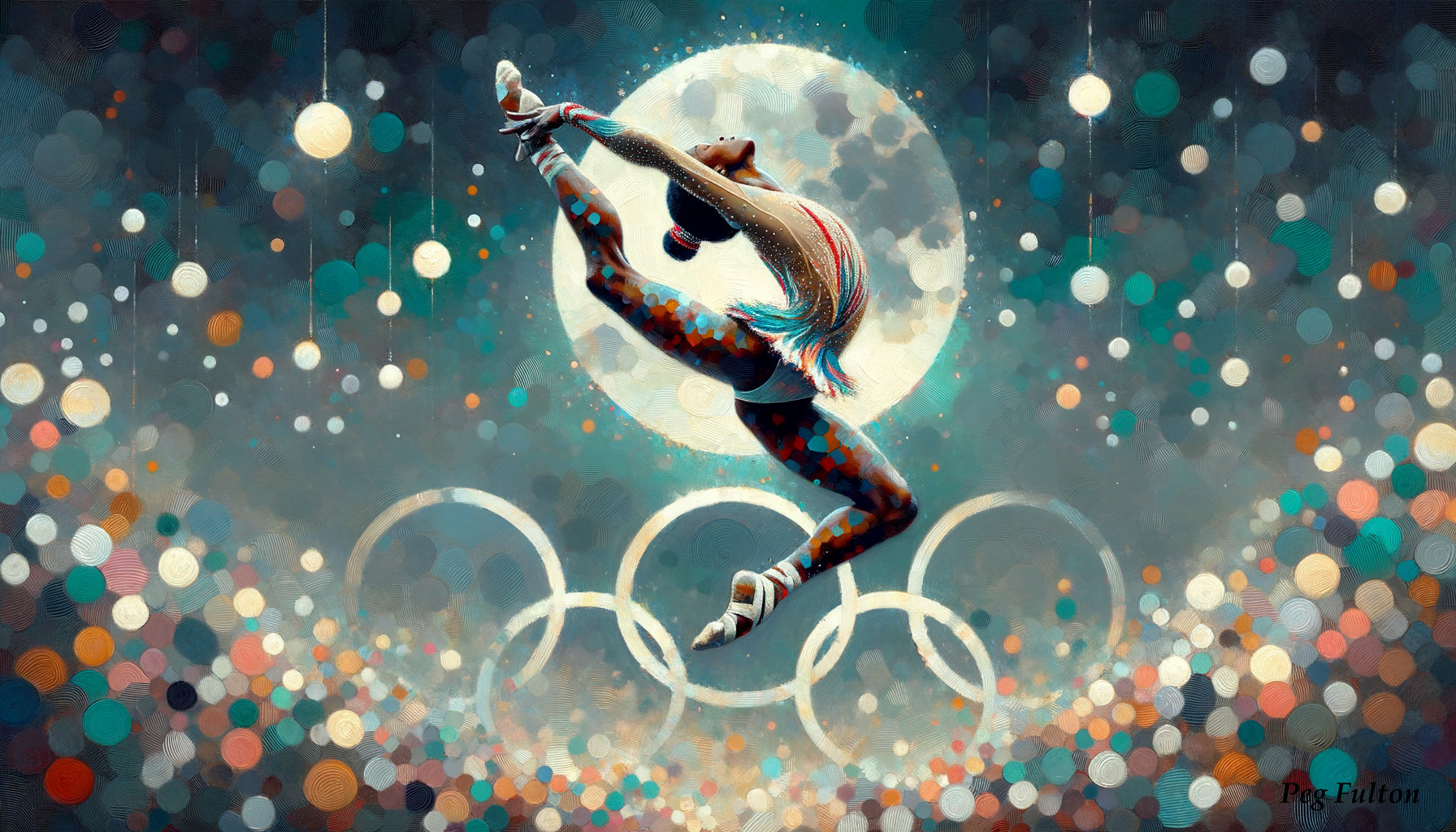 Dancer Leaps Against Vibrant Backdrop with Olympic Rings