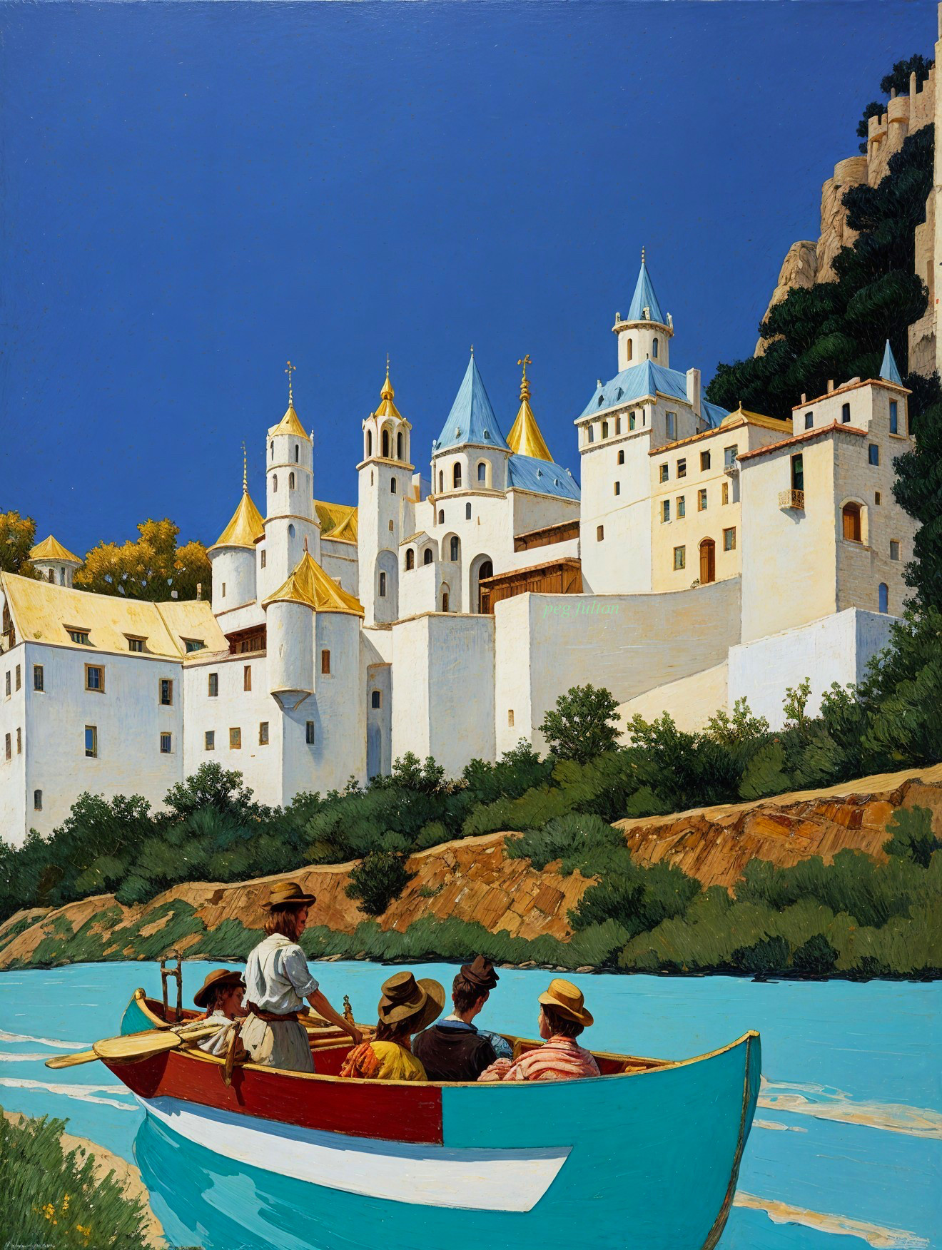 Colorful Boat on Serene River with Majestic Castle