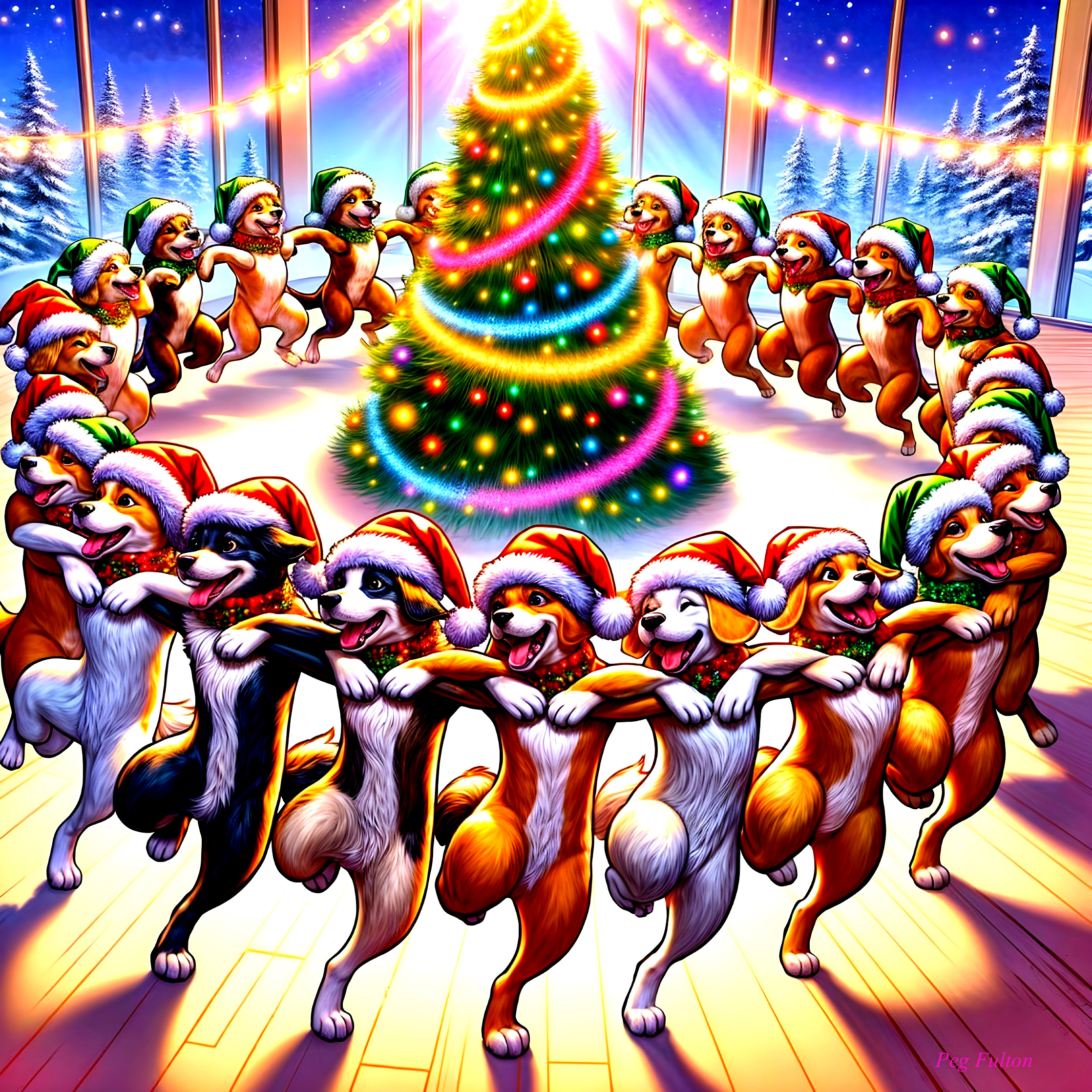 Dogs in Santa Hats Dancing Around Christmas Tree