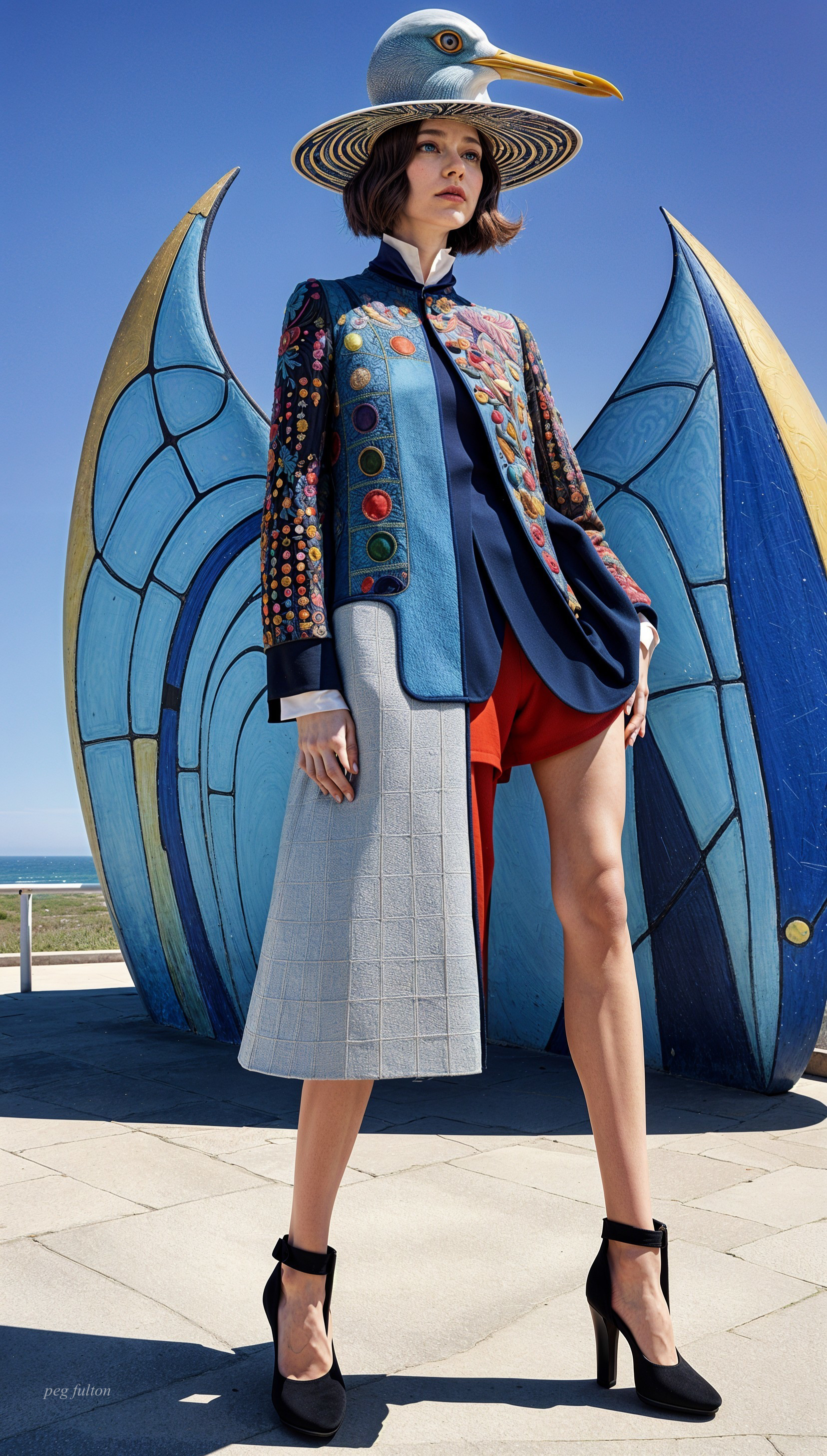 Colorful Fashion Ensemble with Unique Jacket and Hat