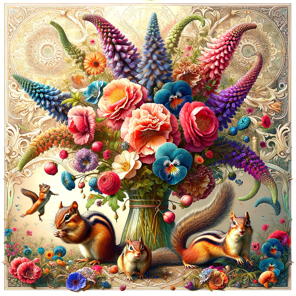 Colorful Floral Arrangement with Squirrels and Patterns