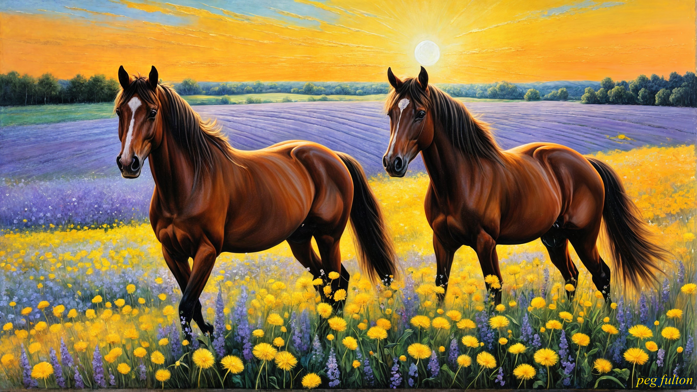 Brown Horses in Colorful Wildflower Field at Sunrise