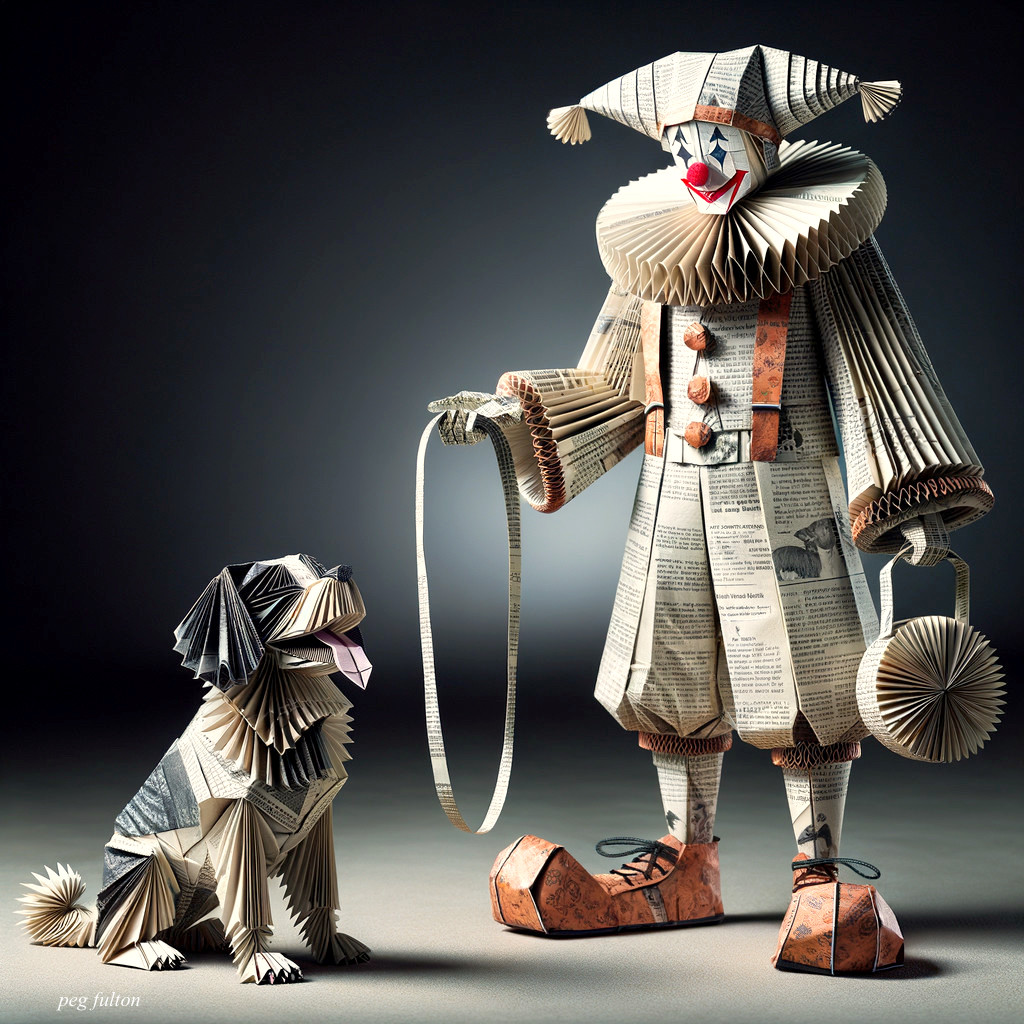 Whimsical Paper Clown and Dog Art Display