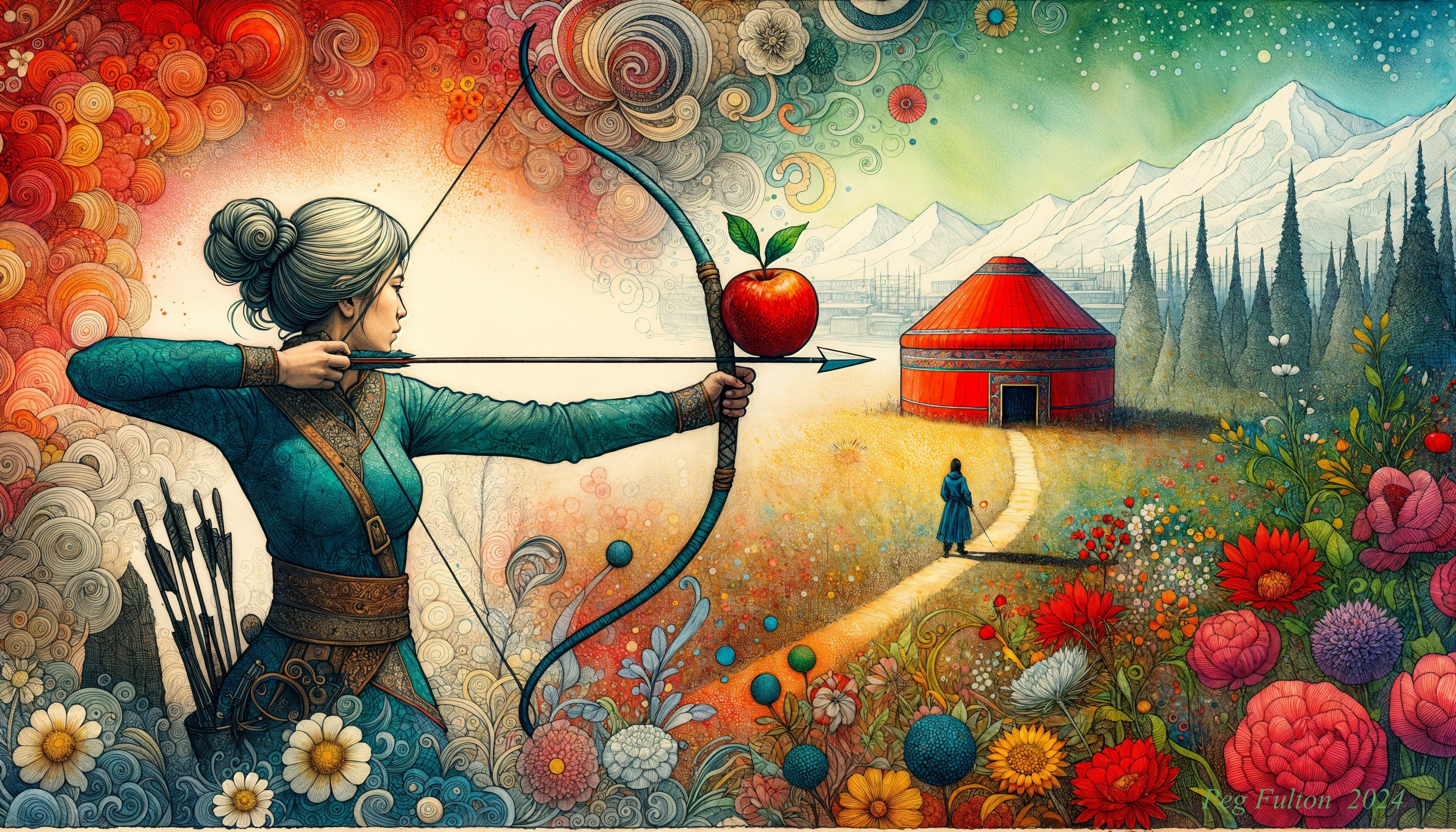 Archer Aiming at Apple in Whimsical Landscape Scene