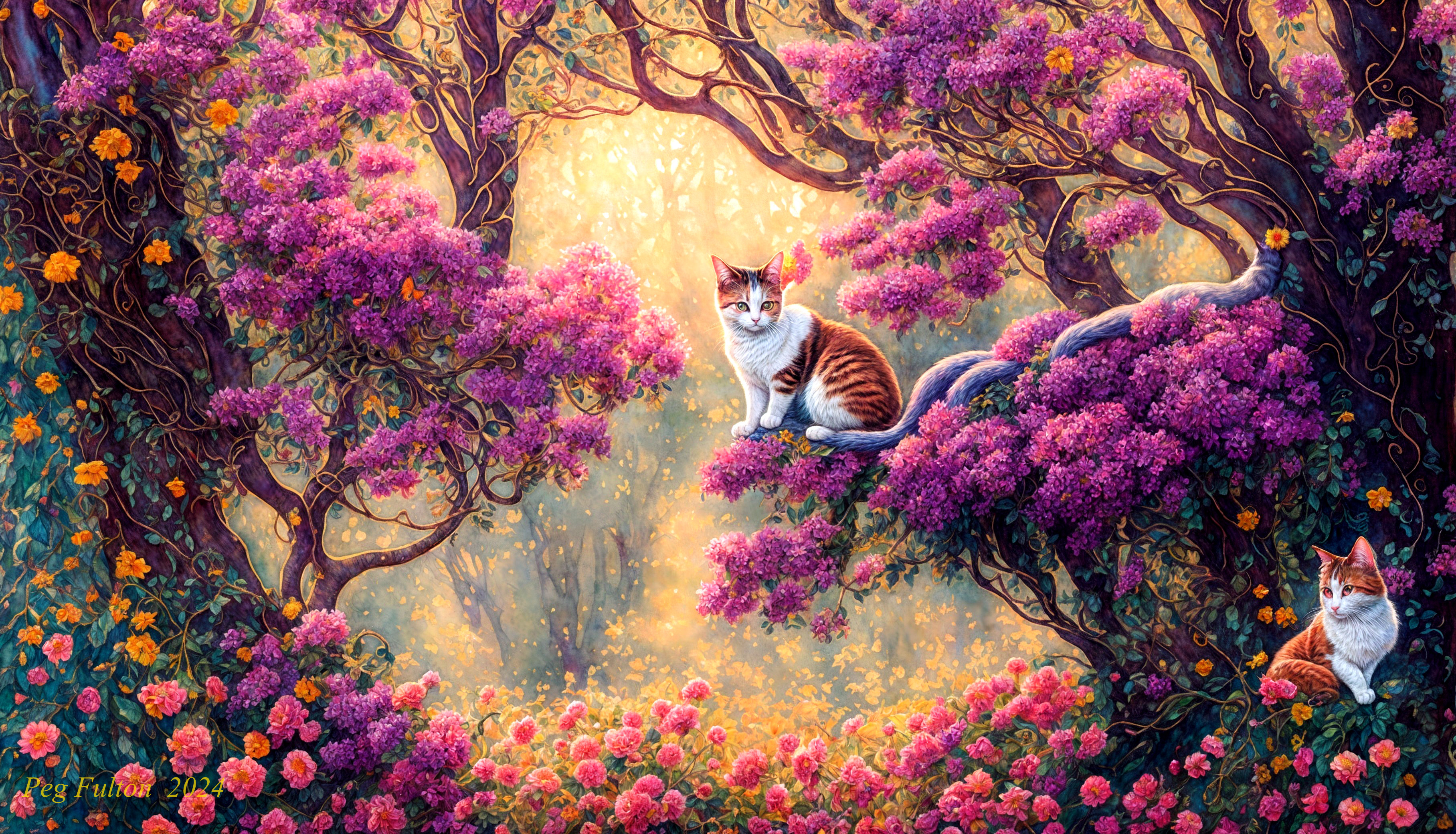 Cats on Branches in a Colorful Floral Setting