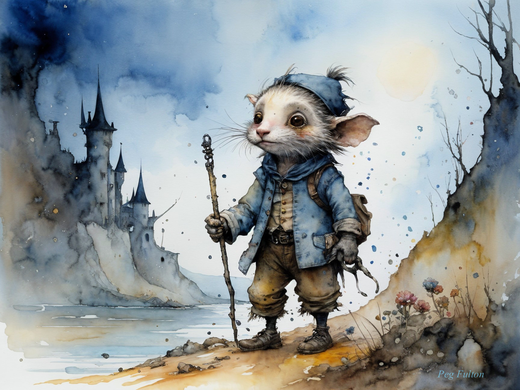 Whimsical Mouse-like Creature by Water and Castle