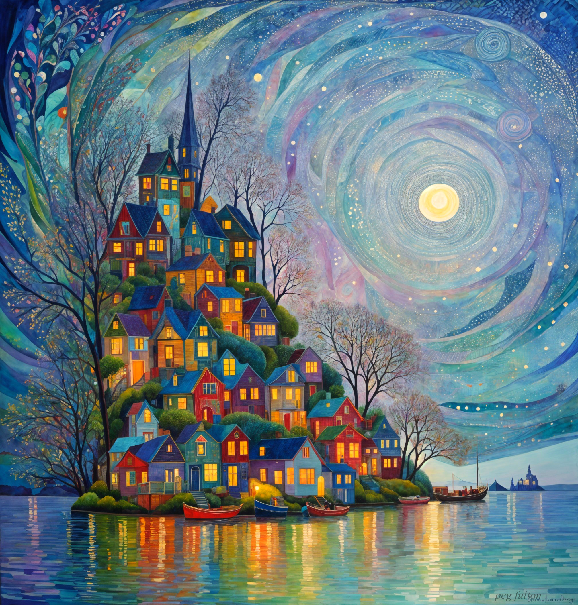 Vibrant Dreamlike Scene of Colorful Houses on Hill