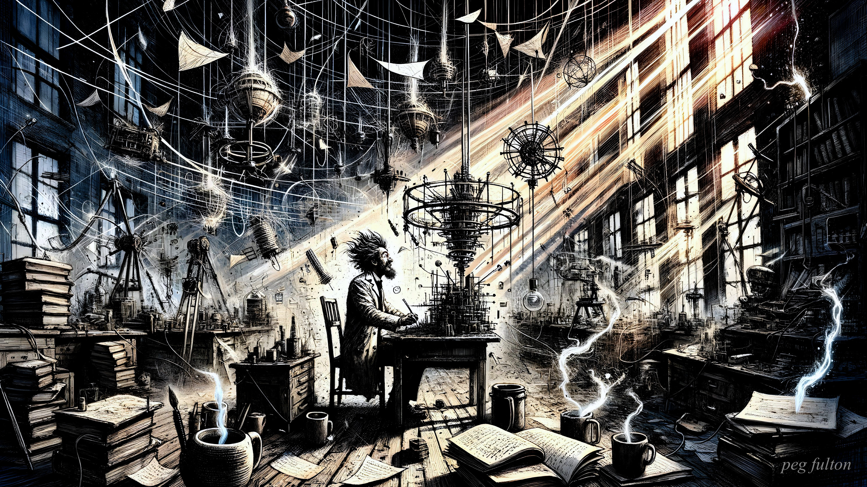 Dimly Lit Laboratory with Floating Geometric Shapes