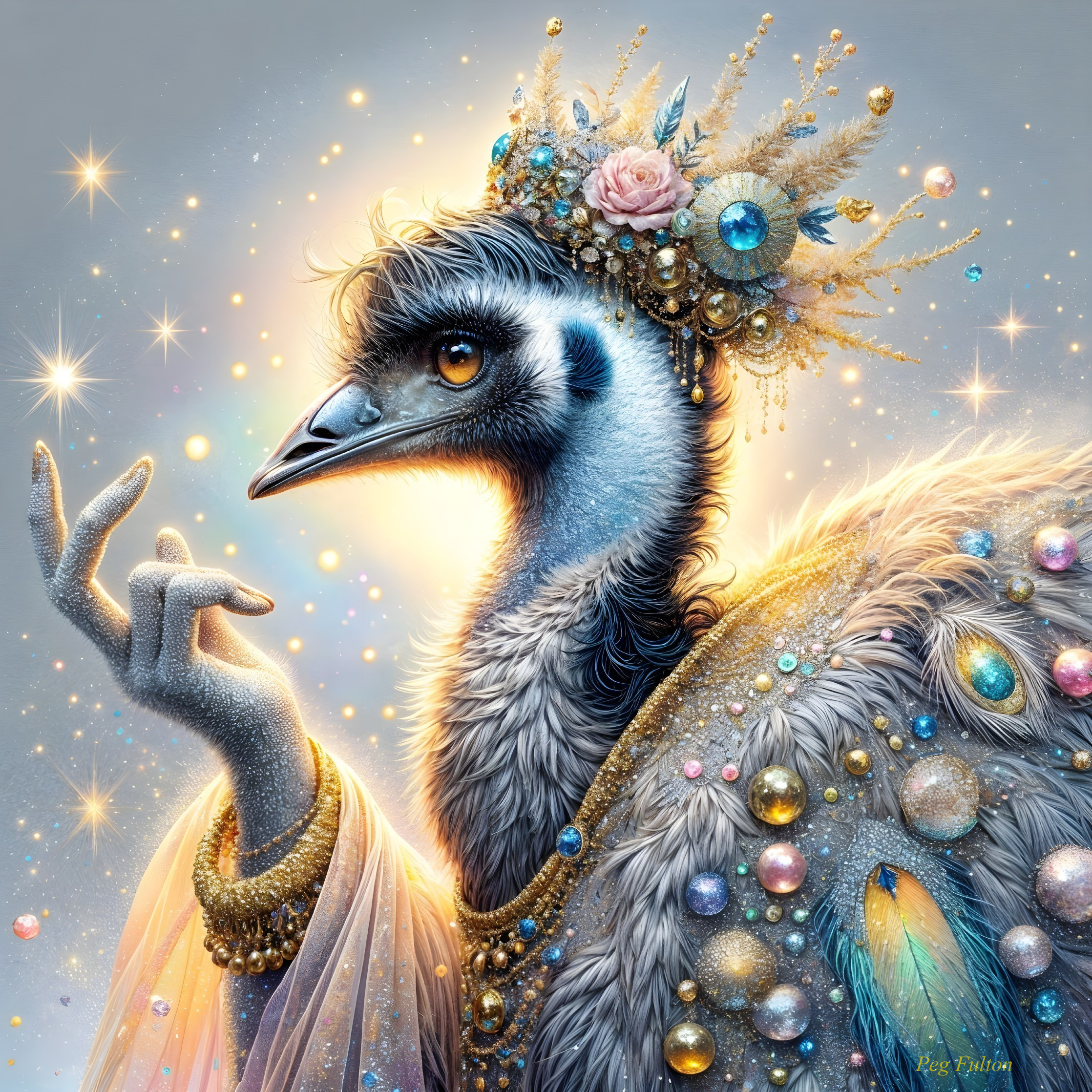 Emu with Crown of Flowers and Dazzling Plumage