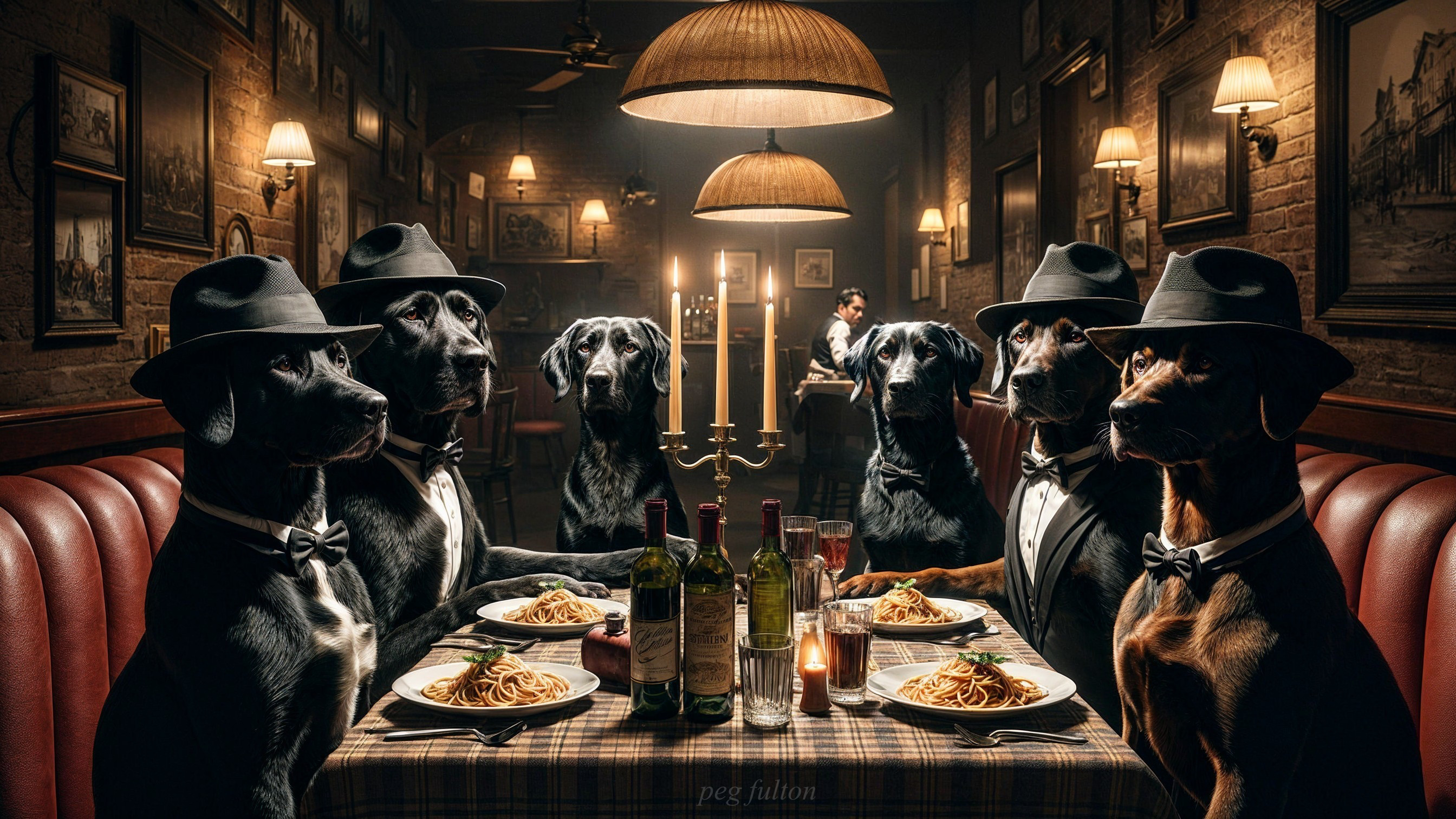 Dogs in Hats Dining at a Vintage Restaurant Table