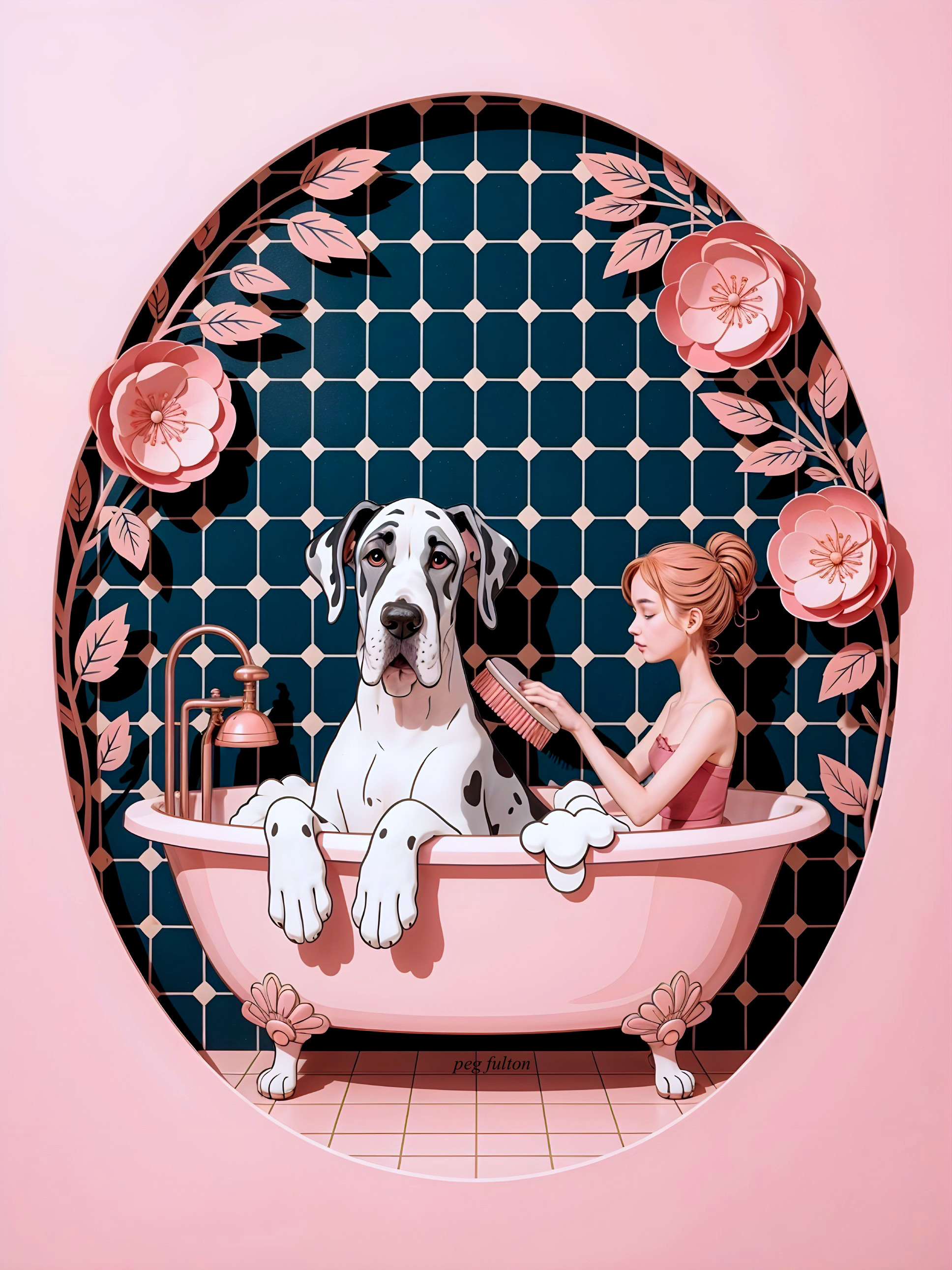 Woman in Vintage Bathtub with Great Dane and Flowers