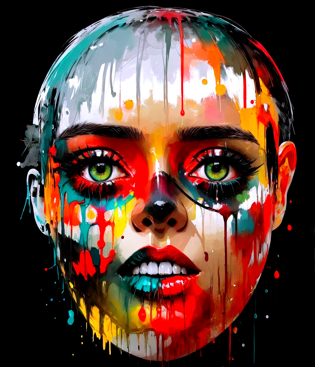 Colorful digital painting of woman's face with dripping paint, intense gaze.