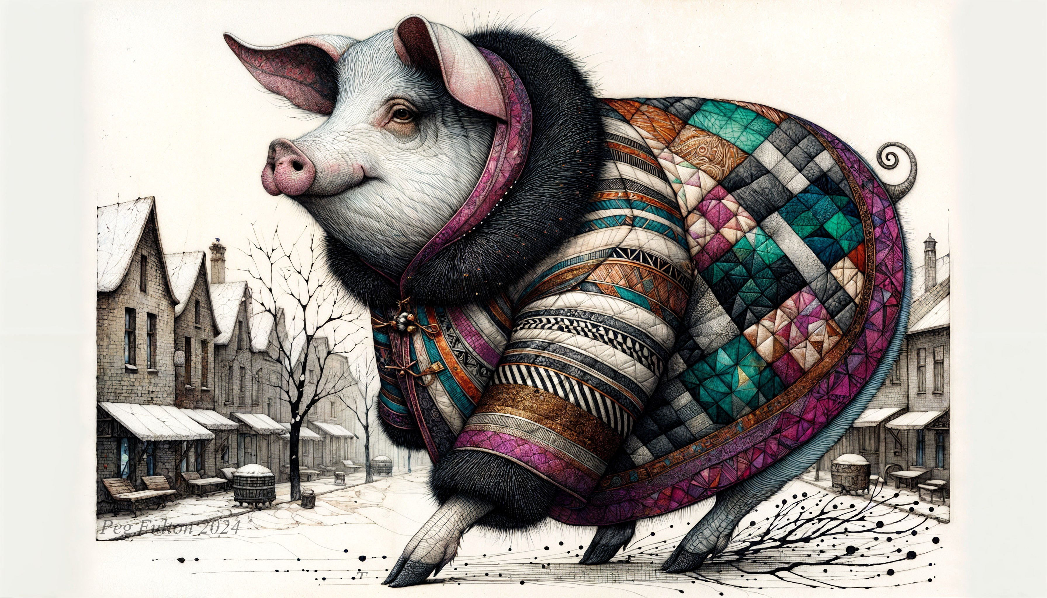 Whimsical Pig in Patchwork Coat on Snowy Street