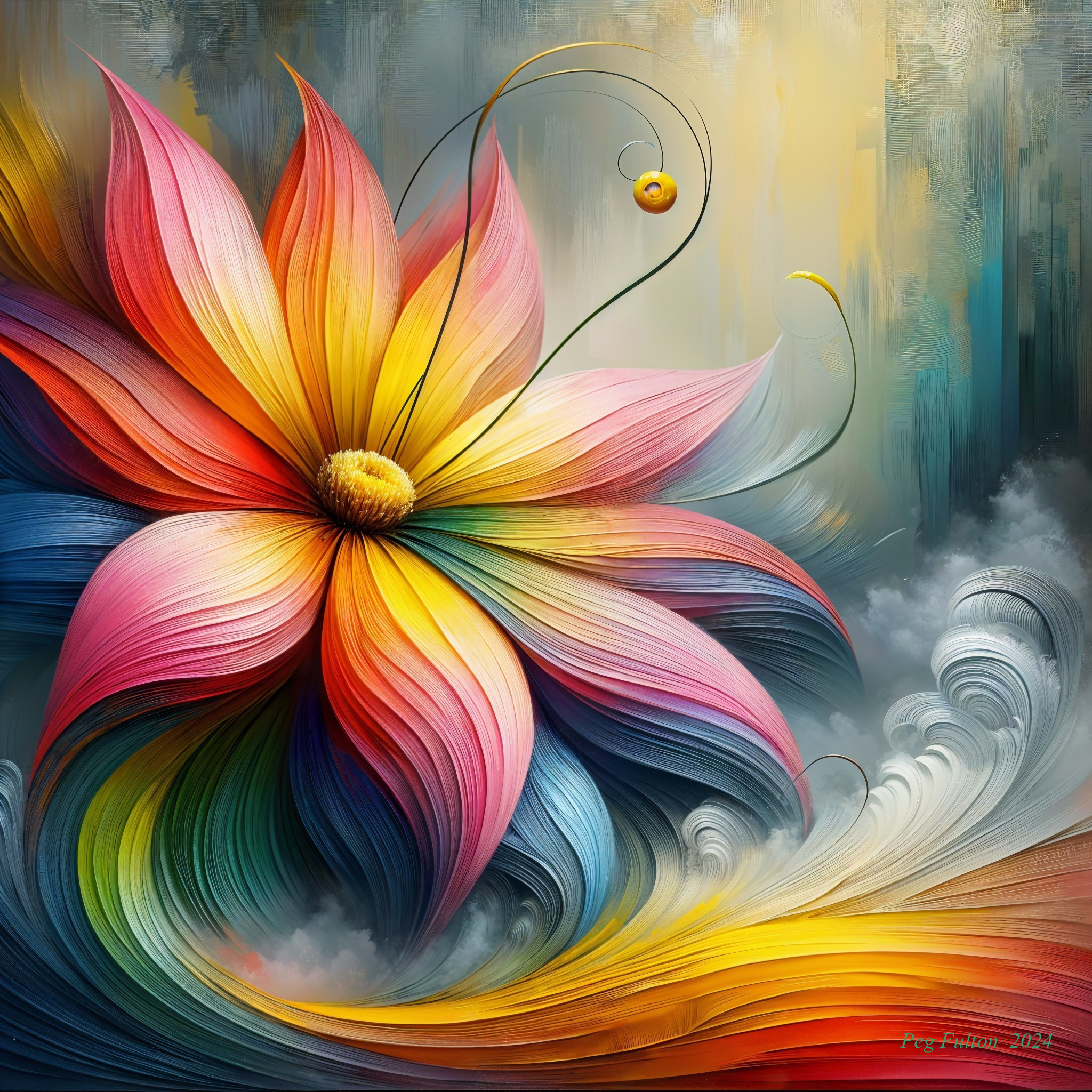 Vibrant, Colorful Flower with Fluid Petals and Lines