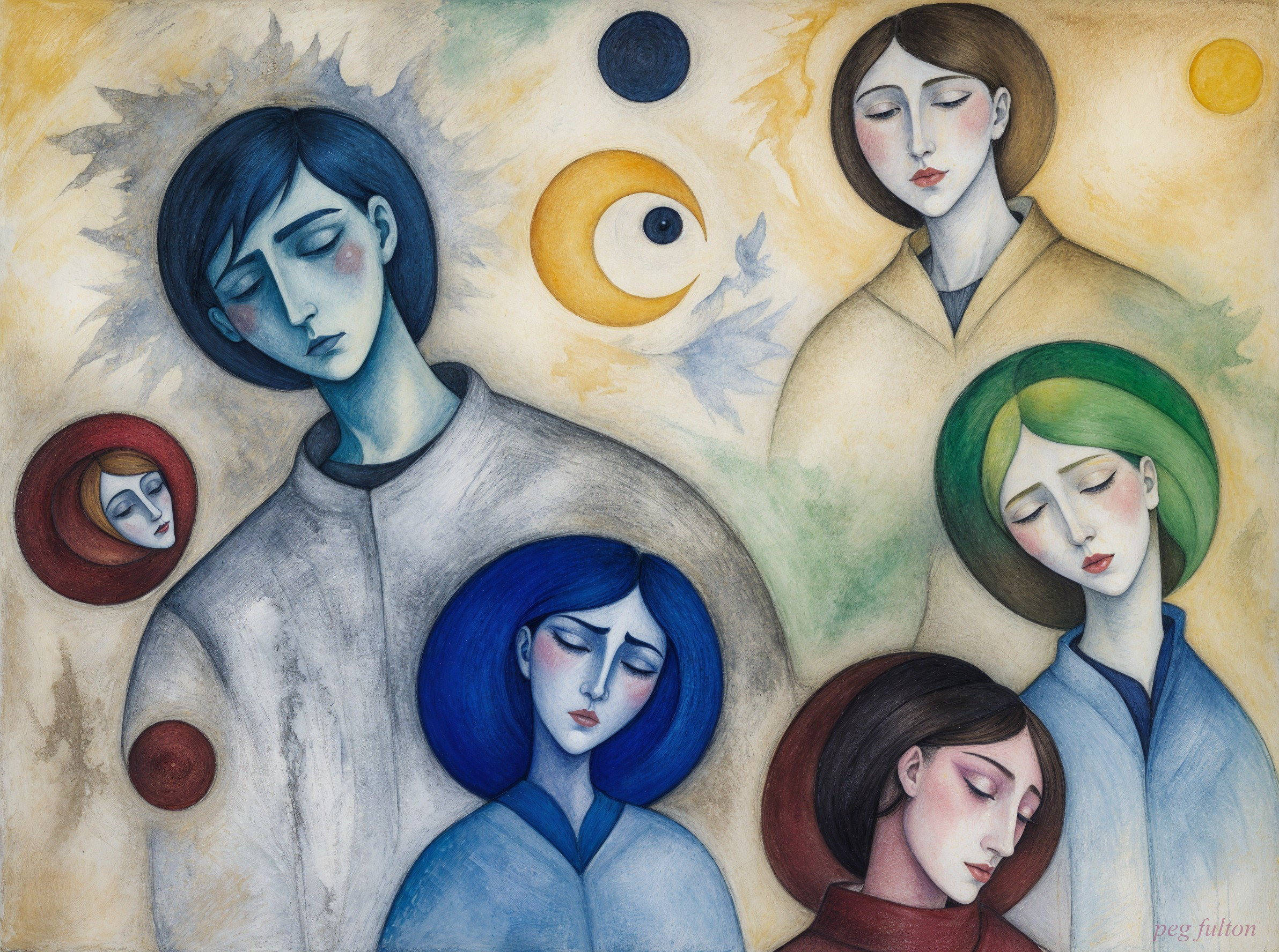 Melancholic Figures Against Celestial Abstract Background