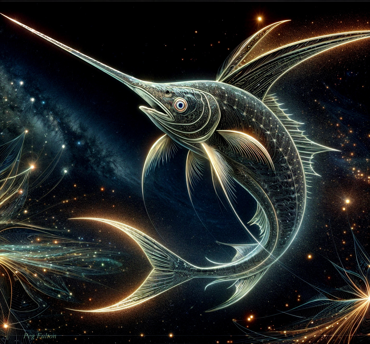 Glowing Swordfish in a Cosmic Starry Background