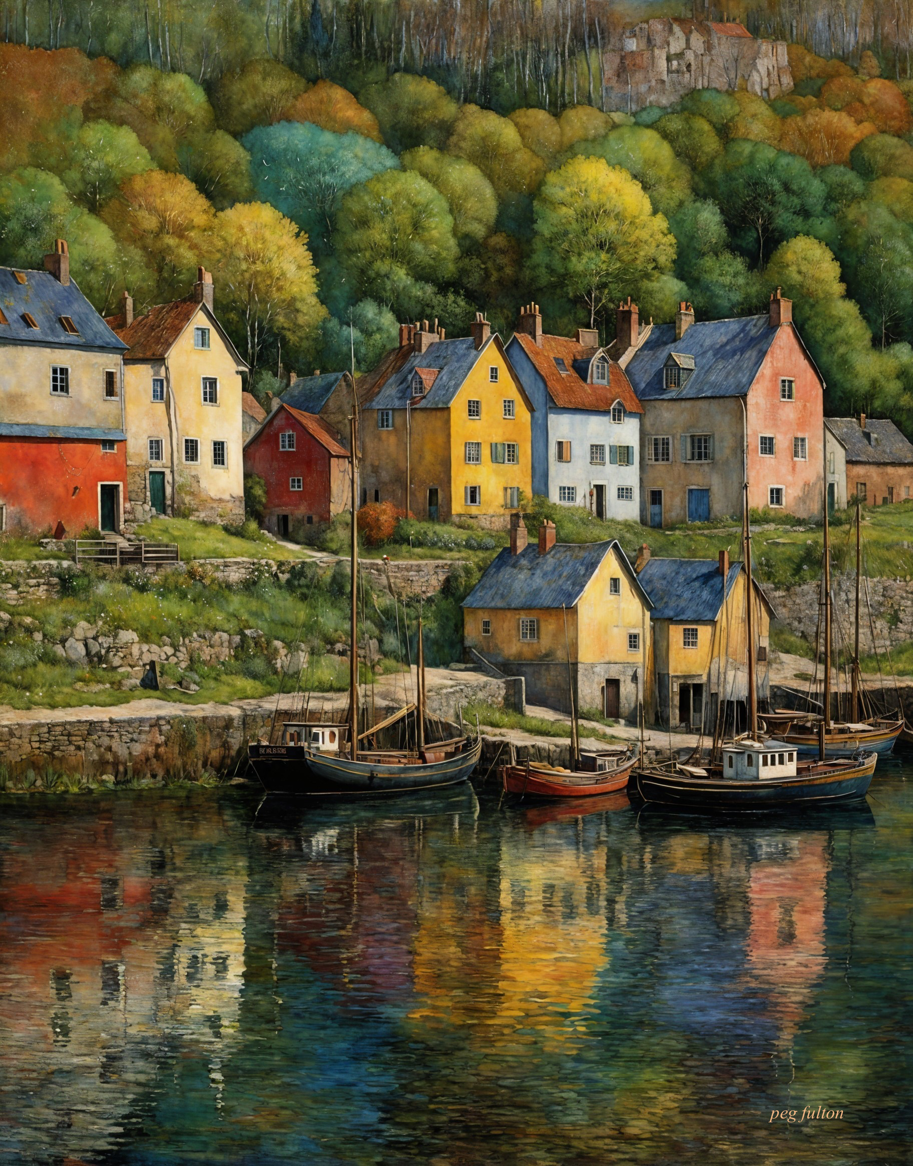 Coastal Village with Colorful Houses and Boats