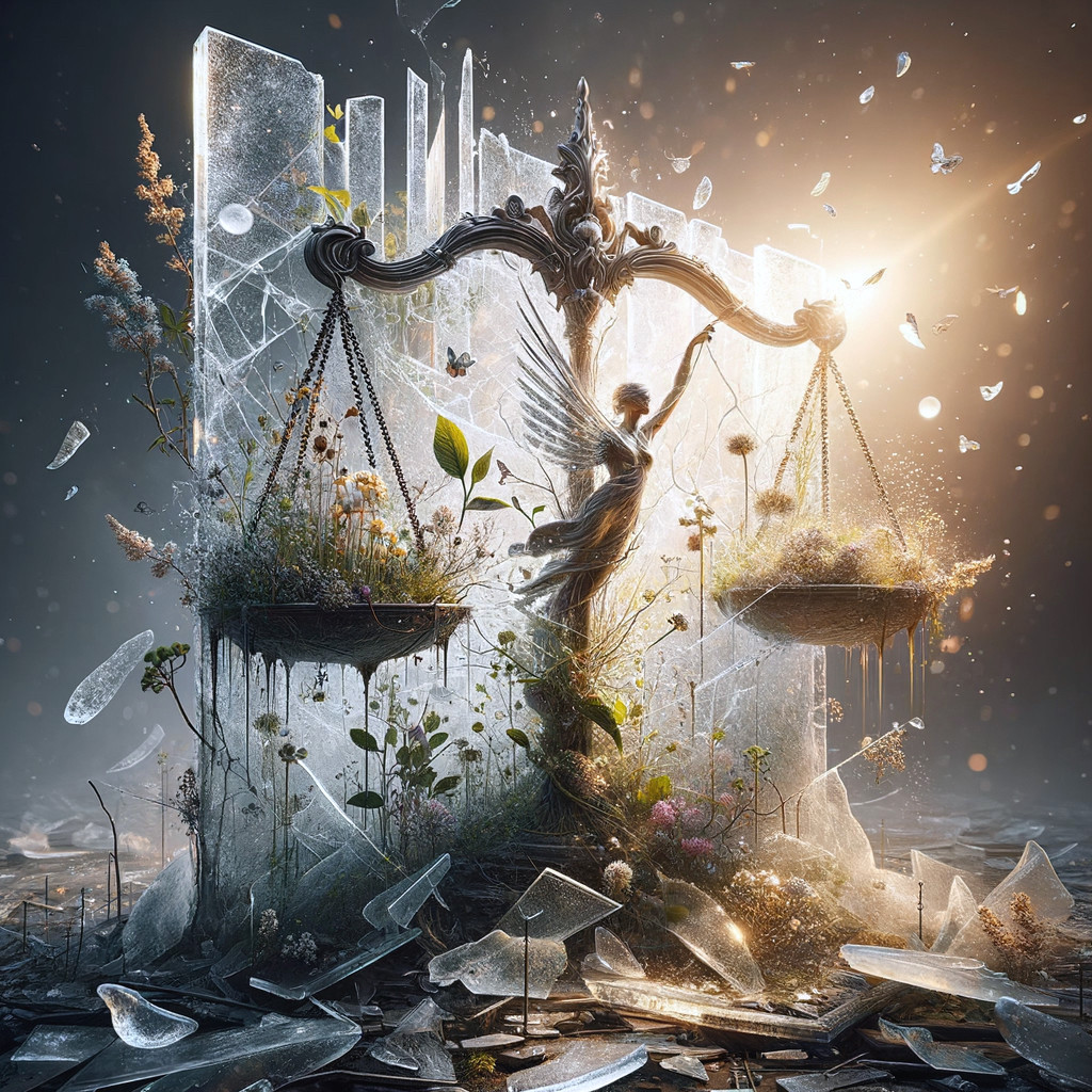 Winged Figure on Balanced Scale Amidst Shattered Ice