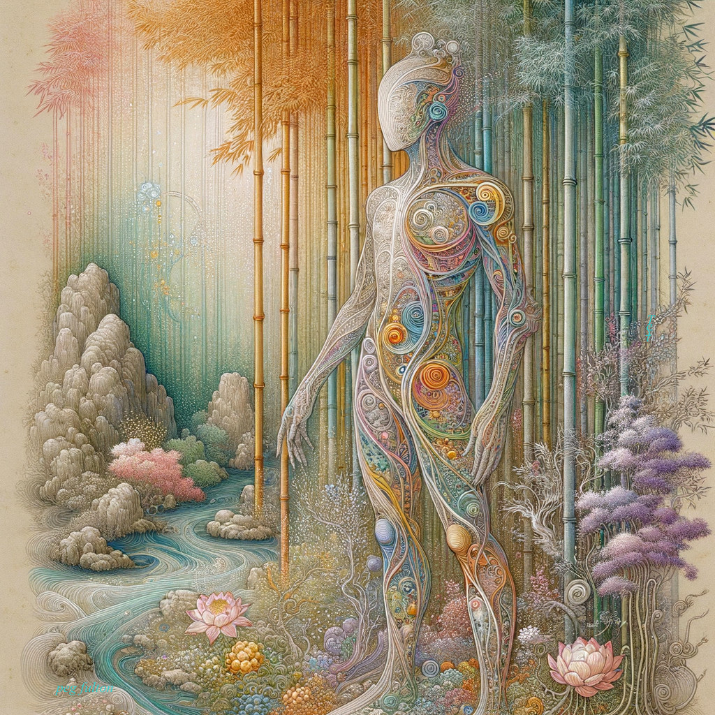 Humanoid Figure in Vibrant Nature Landscape
