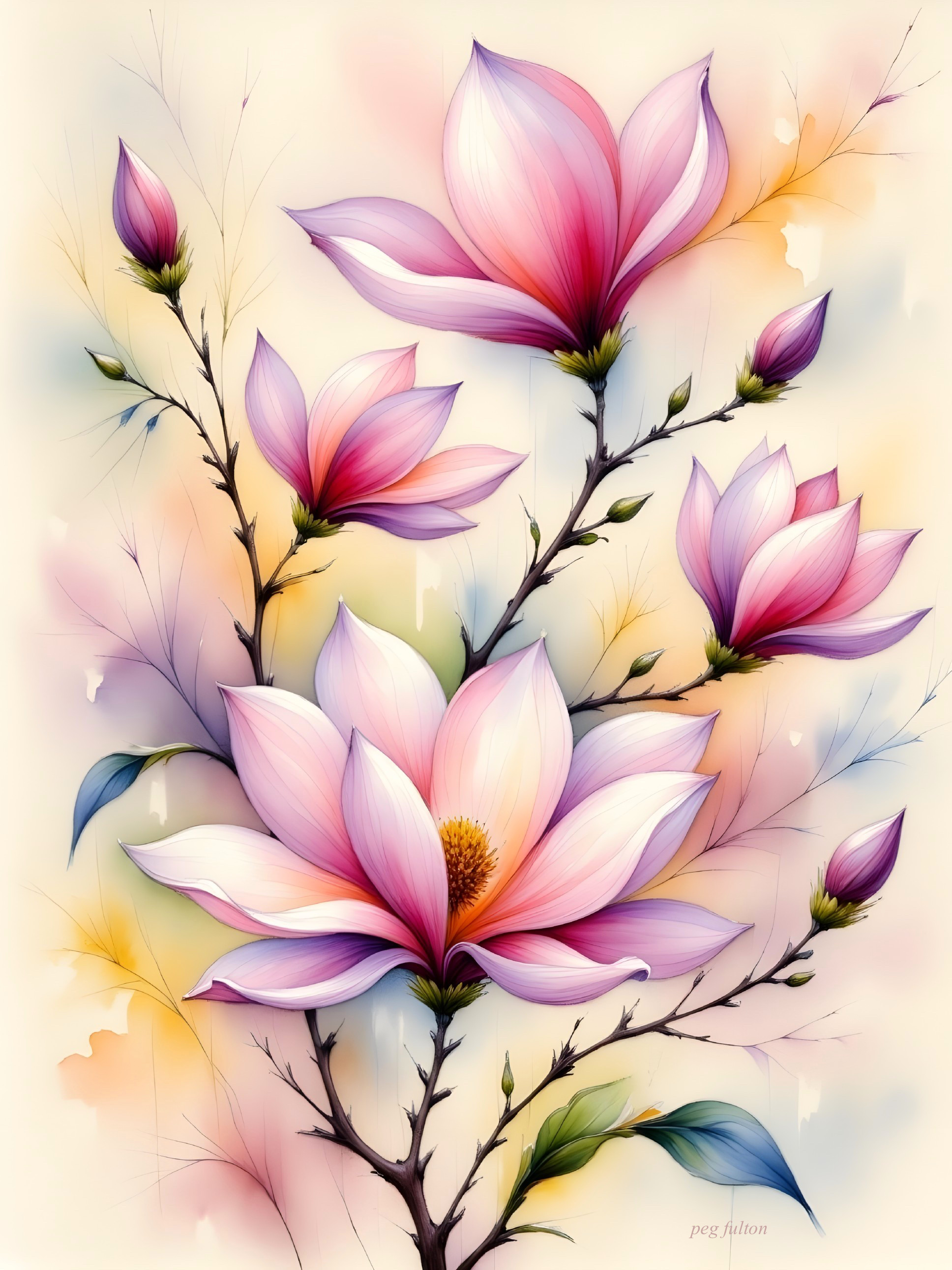 Magnolia Flowers Illustration with Pink and White Petals