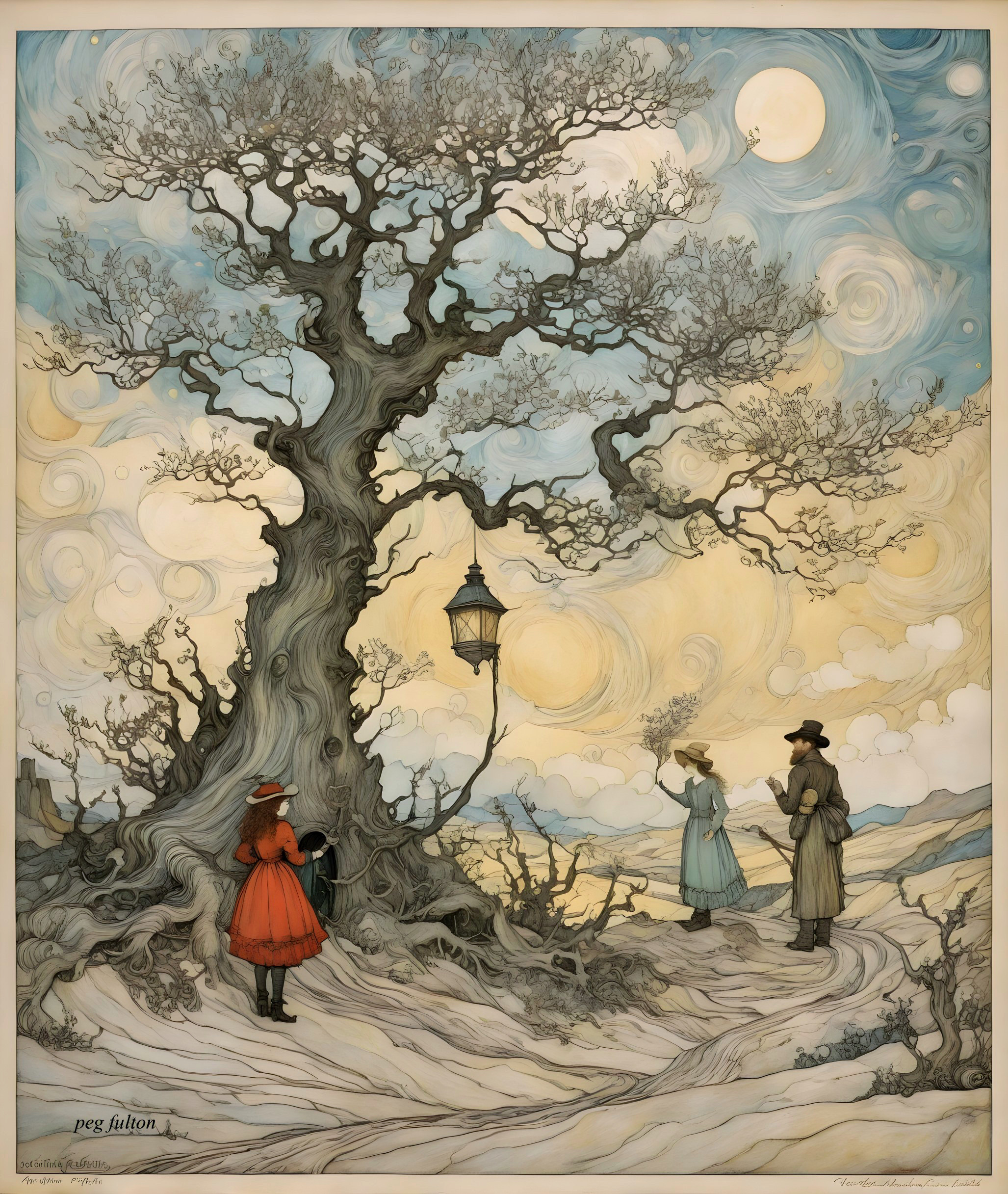Whimsical landscape with figures by ancient tree
